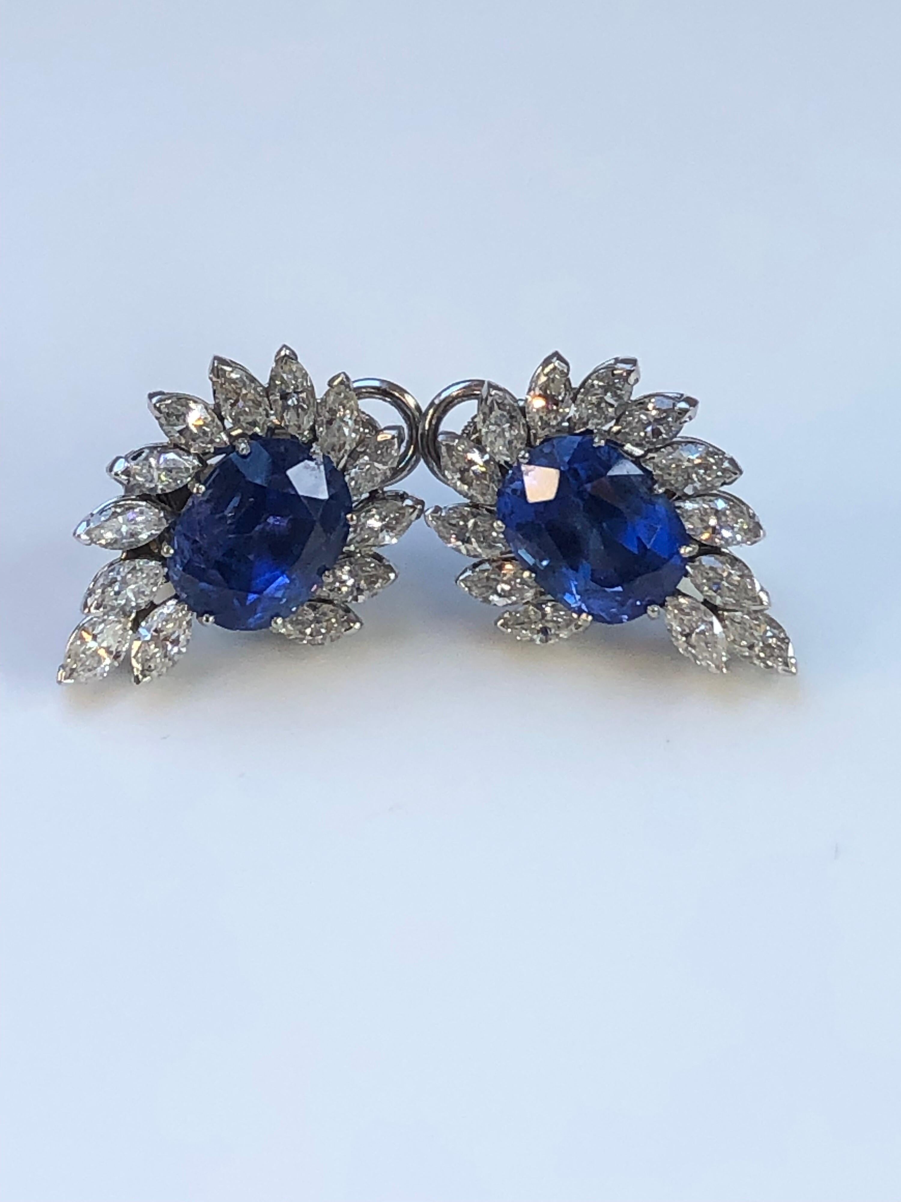 Women's or Men's Pair of Sapphire and Diamond Earrings SSEF 14.92 Carat Untreated Sapphires For Sale