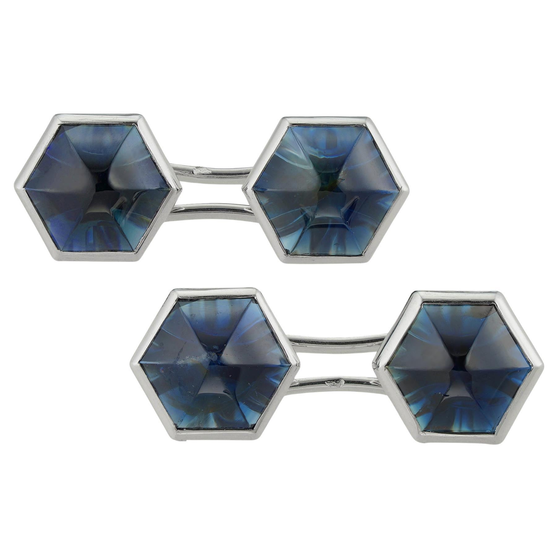 Paire de boutons de manchette hexagonaux en saphir