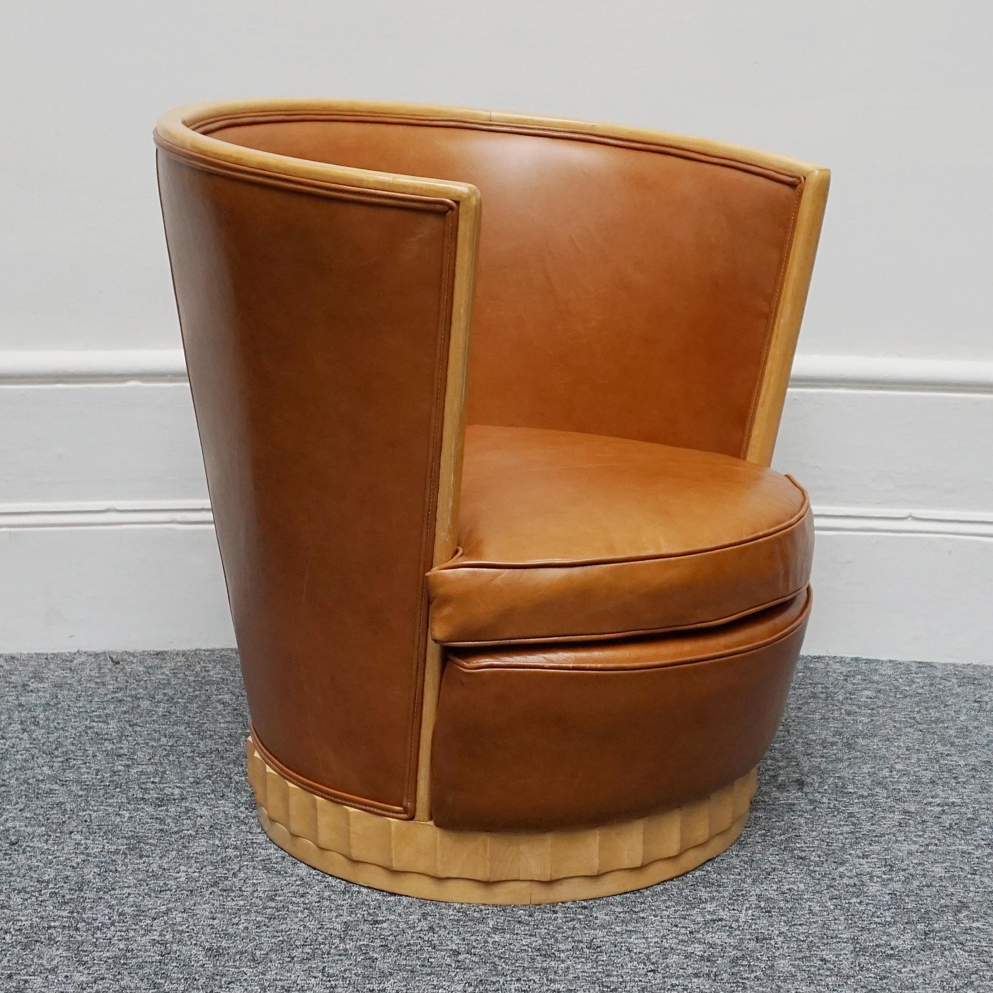 A Pair of Satin Birch and Brown Leather Upholstered Art Deco Tub Chairs 7