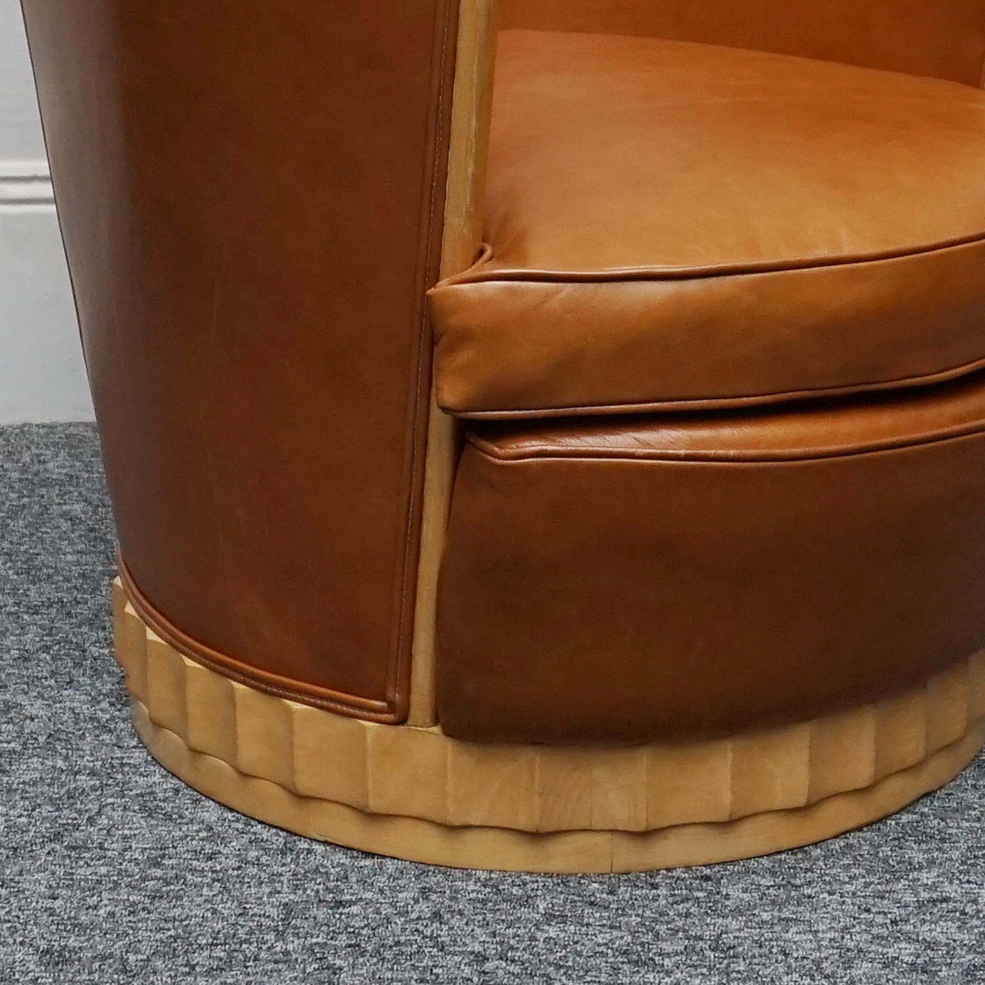 A Pair of Satin Birch and Brown Leather Upholstered Art Deco Tub Chairs 8