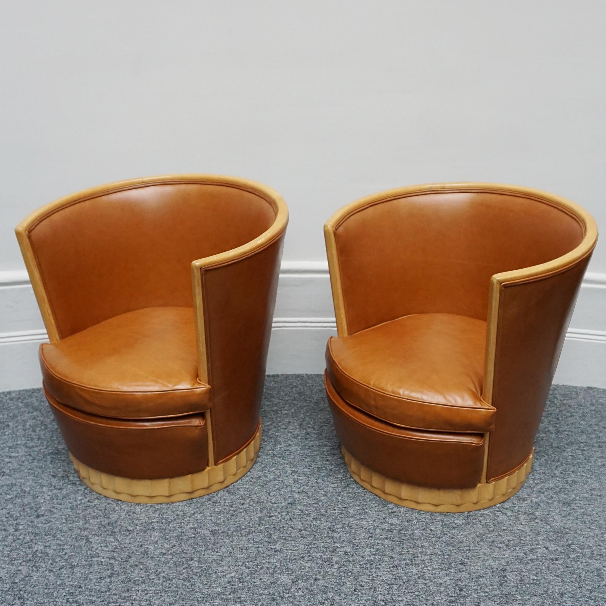 French A Pair of Satin Birch and Brown Leather Upholstered Art Deco Tub Chairs