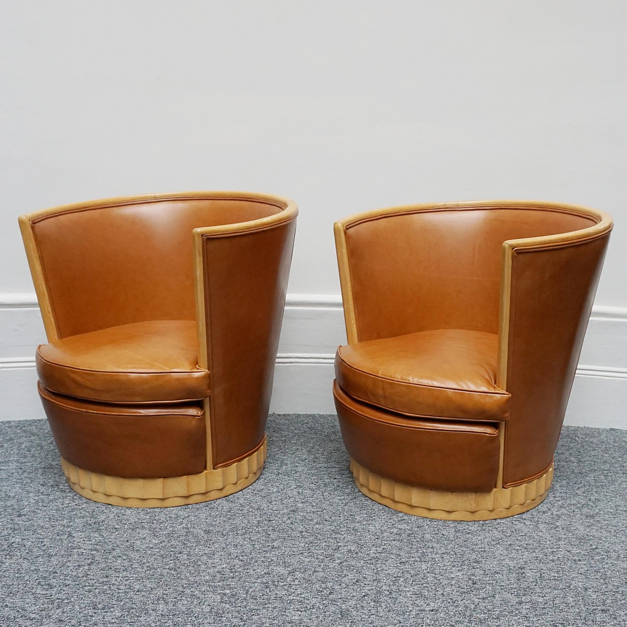 A Pair of Satin Birch and Brown Leather Upholstered Art Deco Tub Chairs