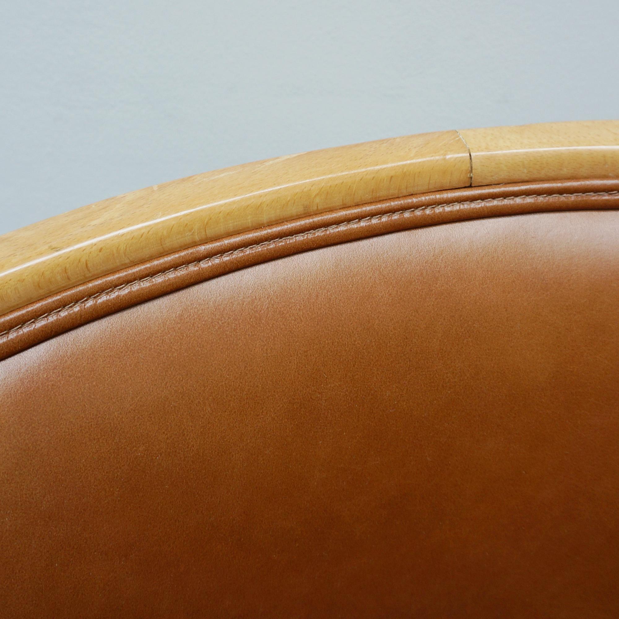 Early 20th Century A Pair of Satin Birch and Brown Leather Upholstered Art Deco Tub Chairs