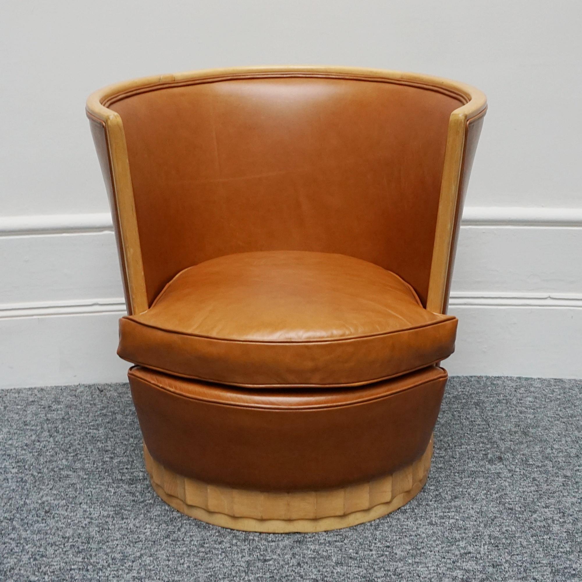 A Pair of Satin Birch and Brown Leather Upholstered Art Deco Tub Chairs 1
