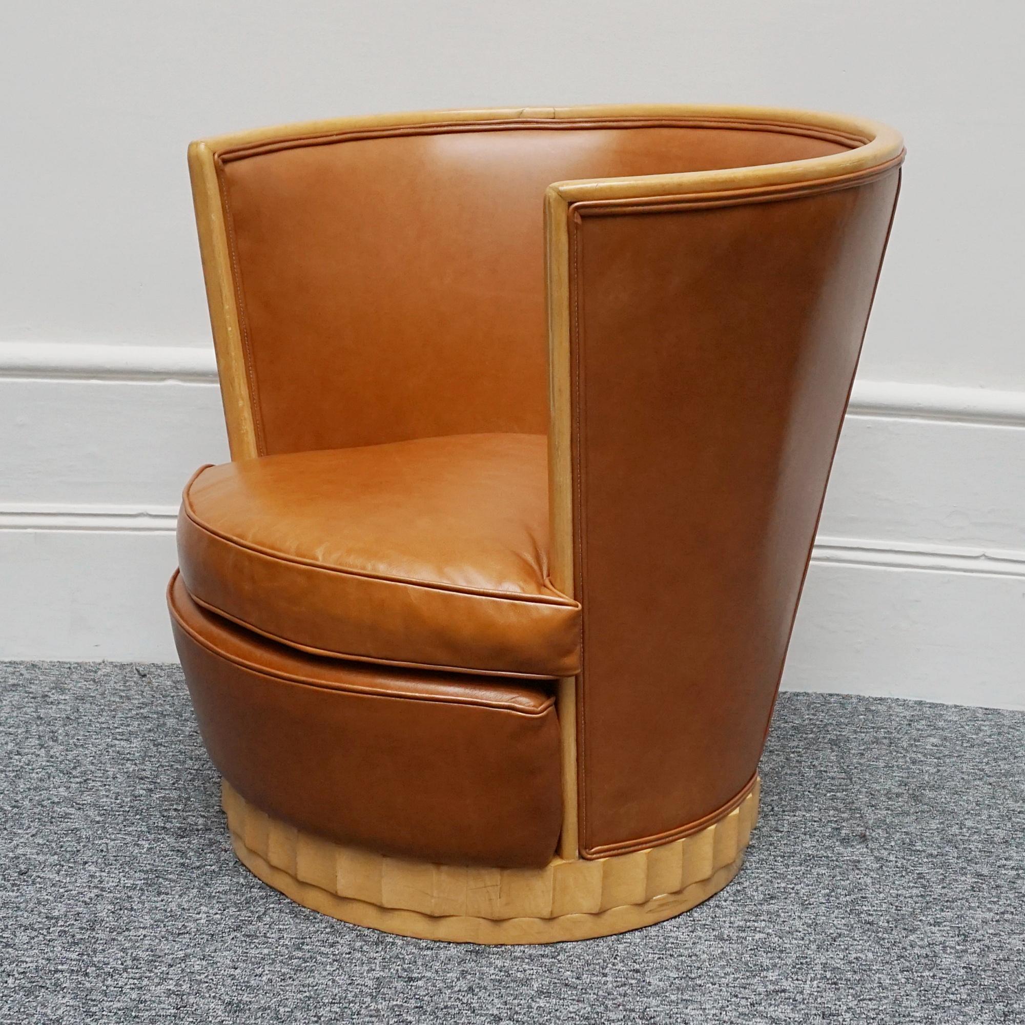 A Pair of Satin Birch and Brown Leather Upholstered Art Deco Tub Chairs 2