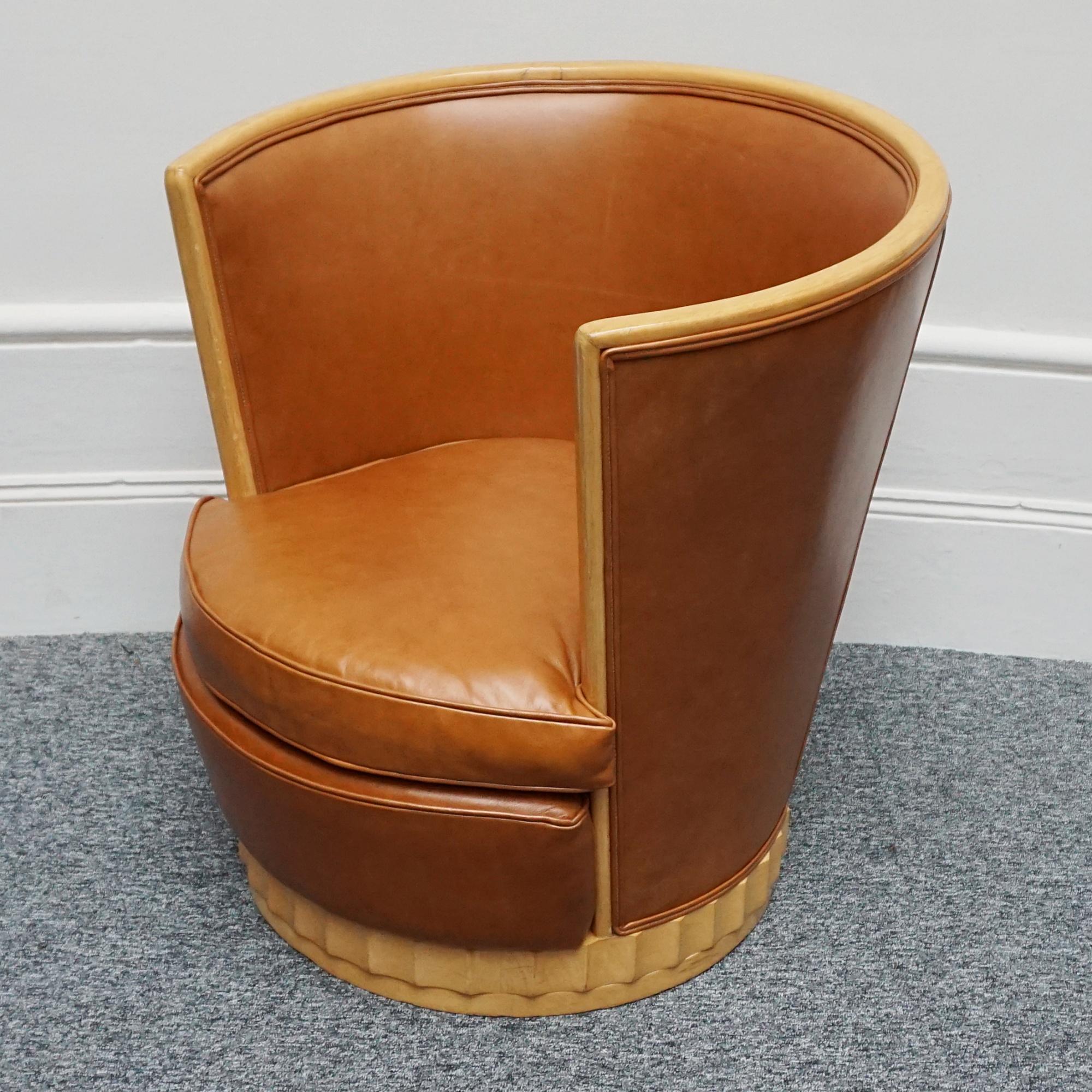 A Pair of Satin Birch and Brown Leather Upholstered Art Deco Tub Chairs 3