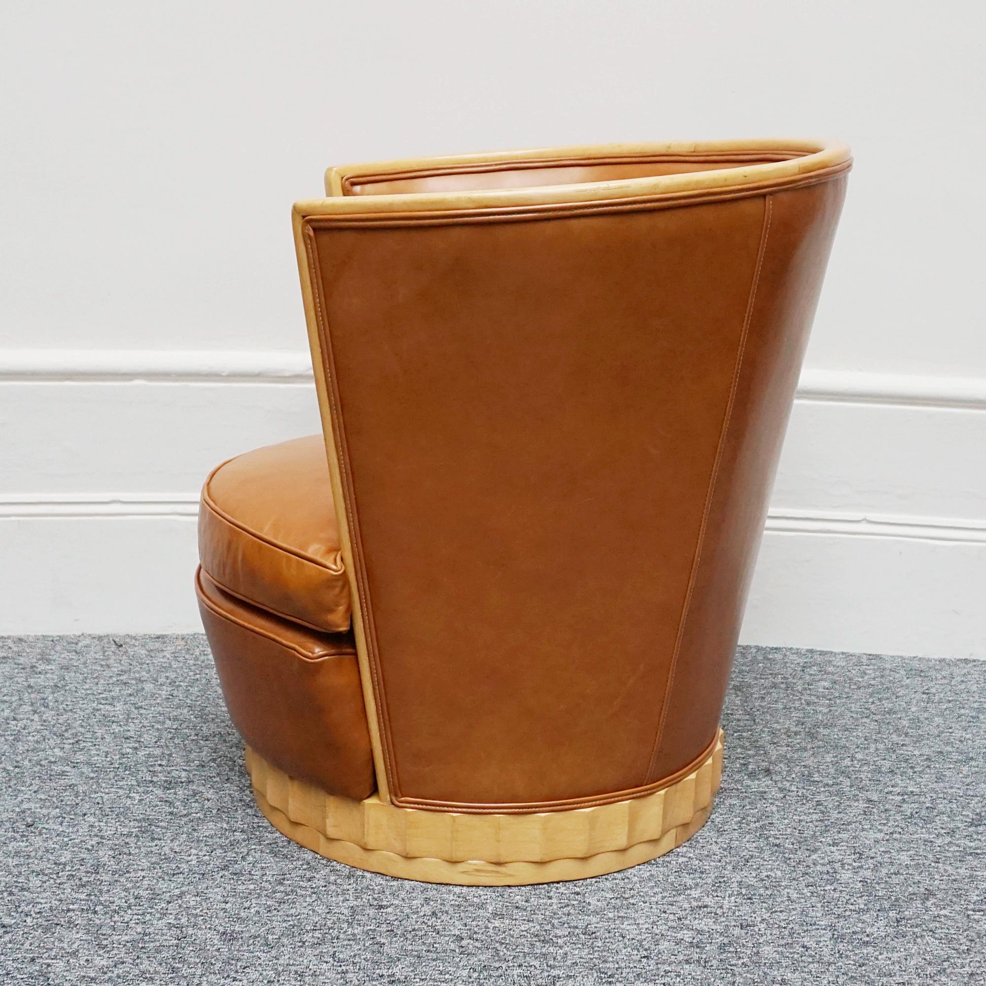 A Pair of Satin Birch and Brown Leather Upholstered Art Deco Tub Chairs 4