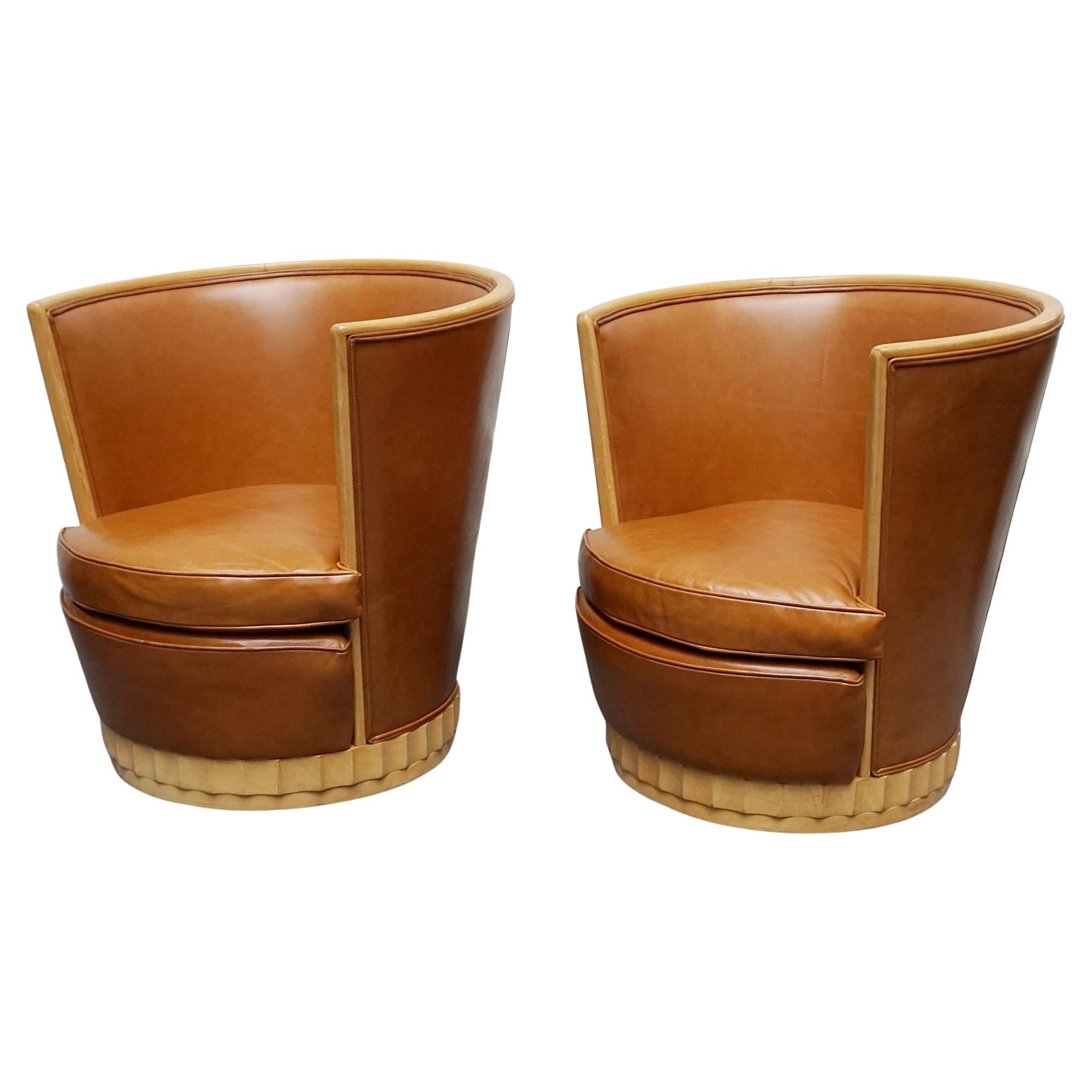 A Pair of Satin Birch and Brown Leather Upholstered Art Deco Tub Chairs