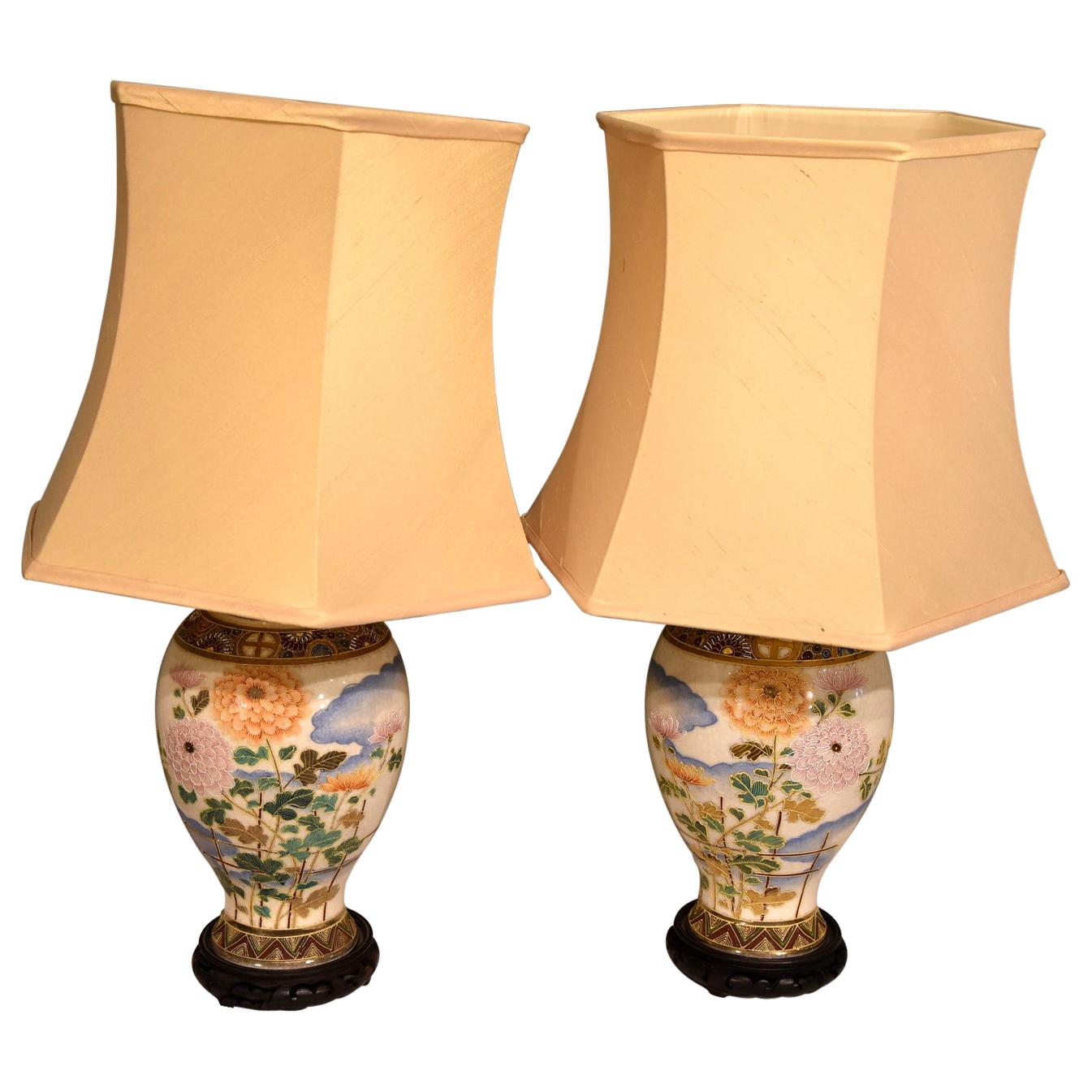 Pair of Satsuma Japanese Vases Converted to Lamps