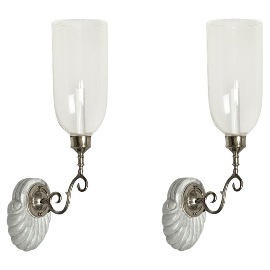 Pair of David Duncan Scallop Sconces with Clear Hurricane Shades and Silver Arms