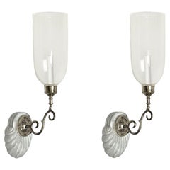 Pair of David Duncan Scallop Sconces with Clear Hurricane Shades and Silver Arms