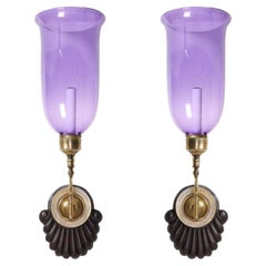 A Pair of Scallop Sconces with Flared Violet Hurricane Shades