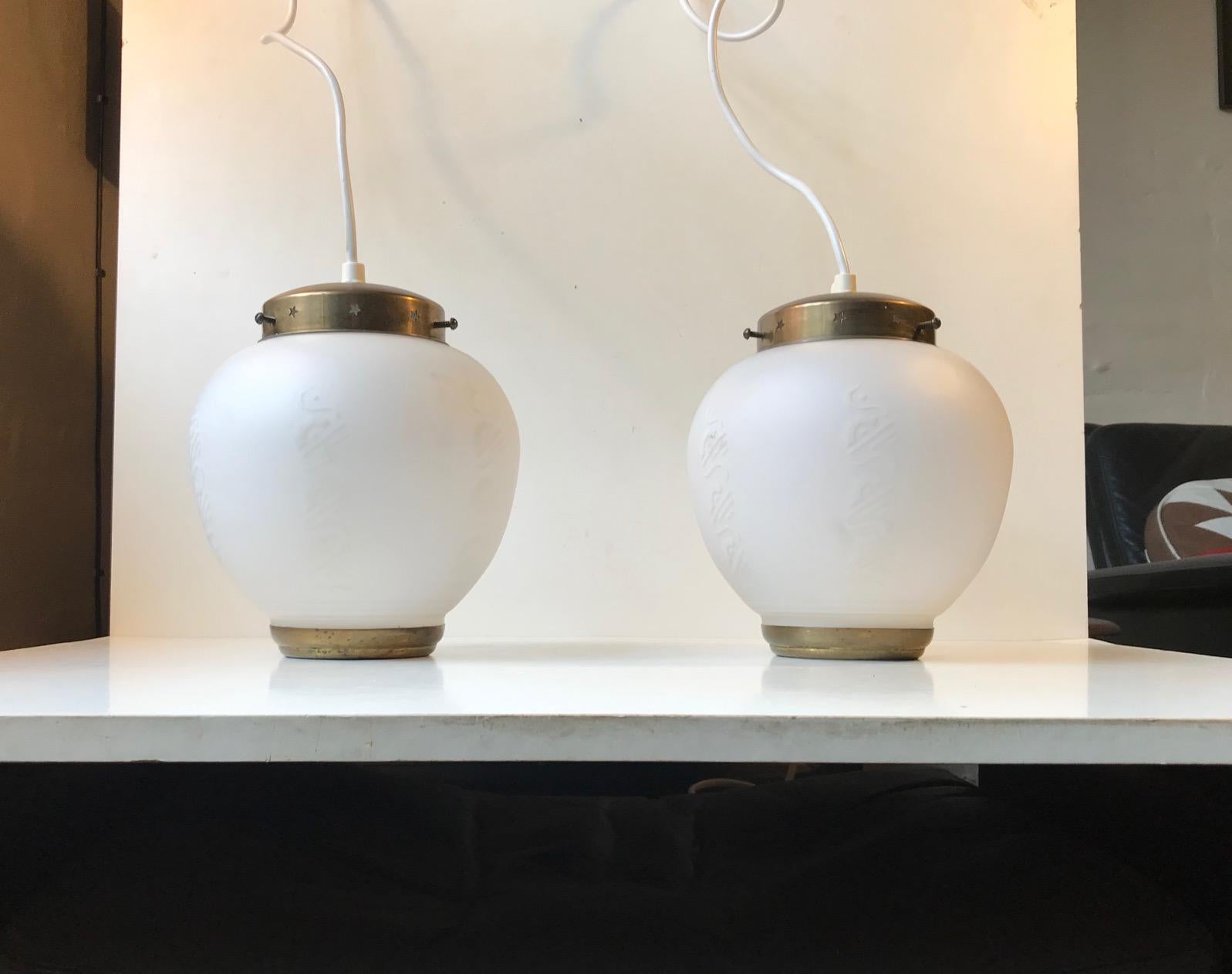 Mid-20th Century Pair of Scandinavian Modern Brass and Opaline Glass Ceiling Lamps, 1950s