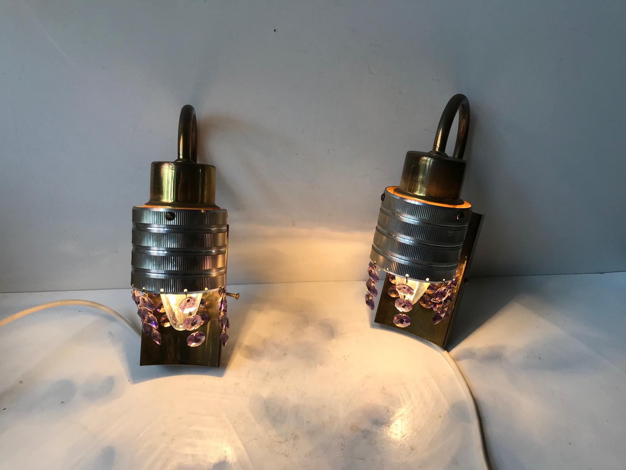 Aluminum Pair of Scandinavian Modern Prism Wall Lights in Brass and Crystal, 1960s