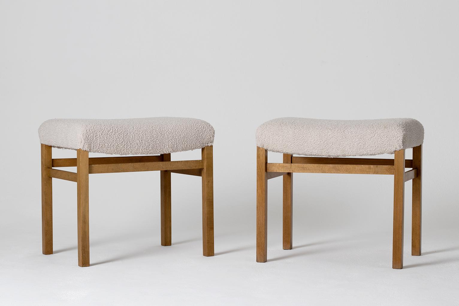 A pair of midcentury beech stool, newly upholstered in wool
Sweden, third quarter of the 20th century.