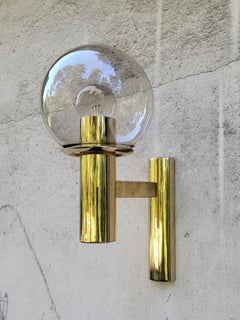 A Pair of Scandinavian Vintage Modernist Brass and Glass Wall Lights Sconces