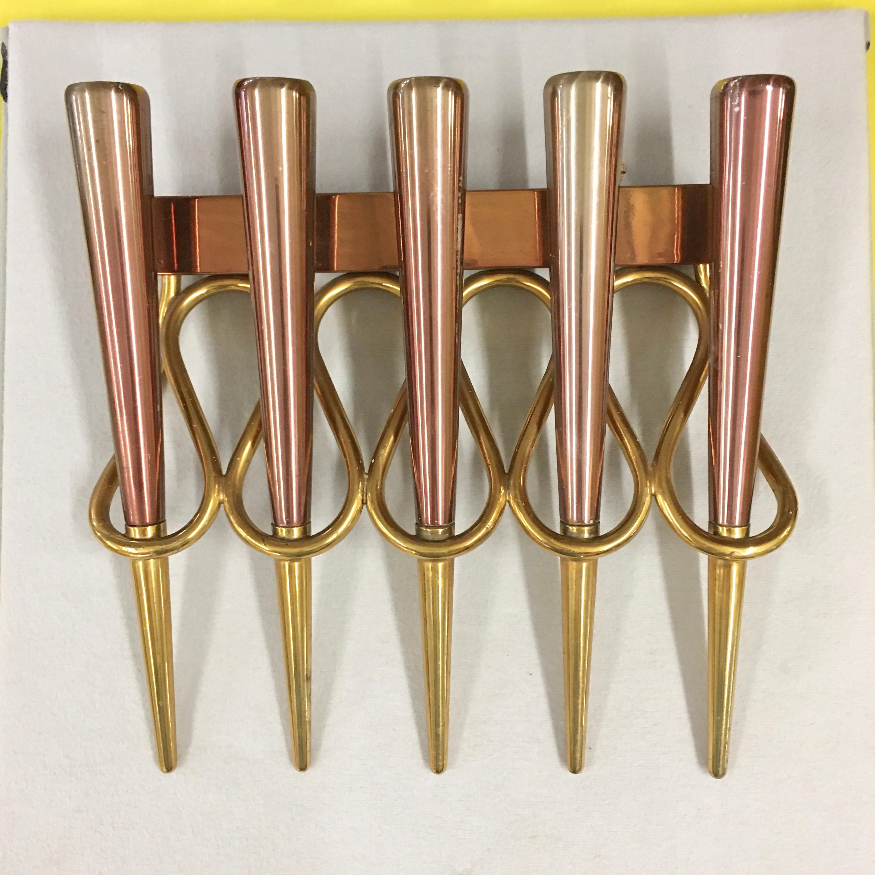 Mid-Century Modern A Pair of Copper & Brass Sconces in the Style of Giò Ponti For Sale