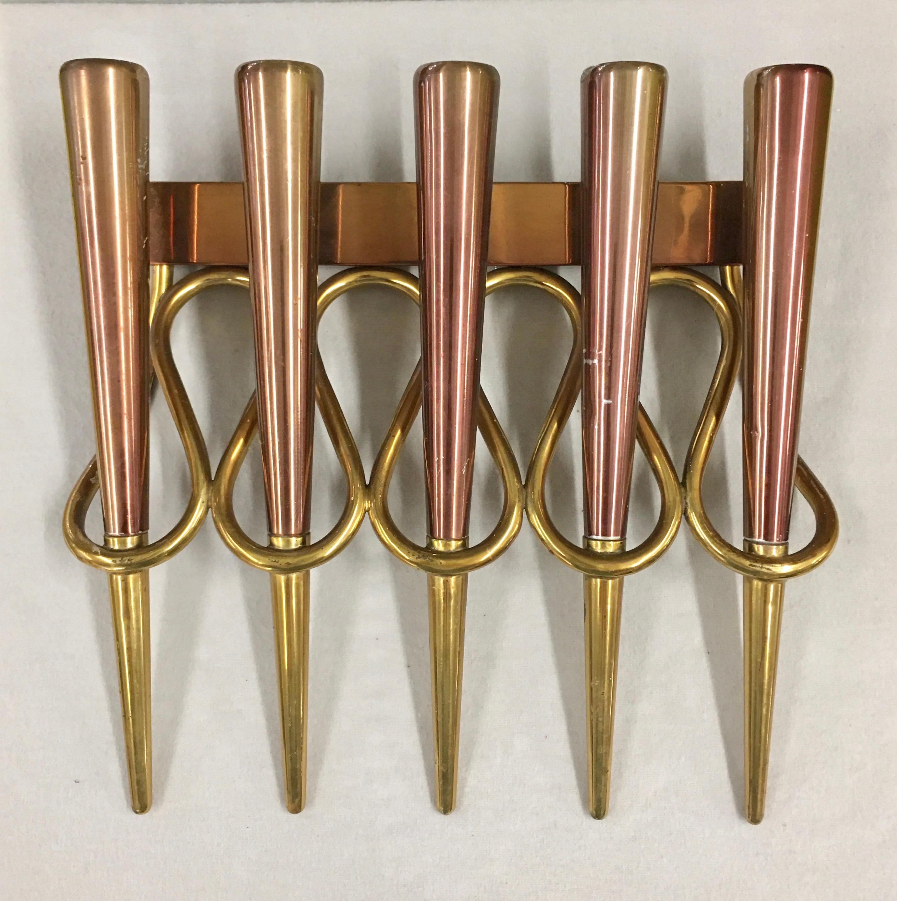 A Pair of Copper & Brass Sconces in the Style of Giò Ponti In Good Condition For Sale In Hanover, MA