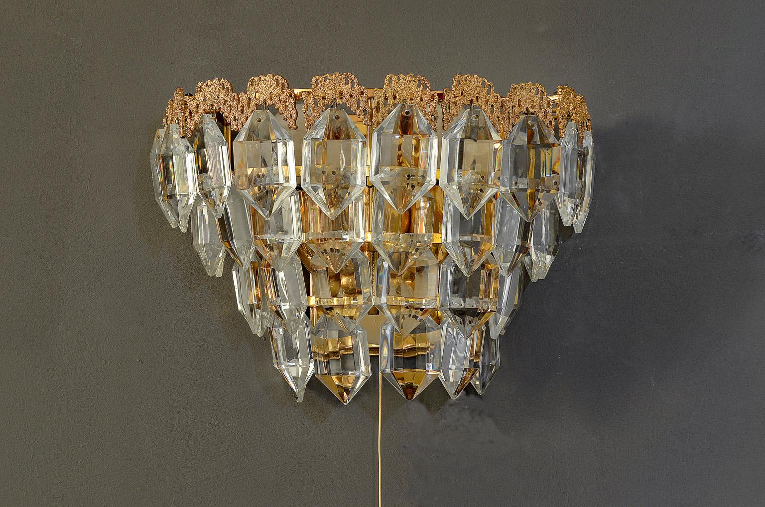 Mid-Century Modern Pair of Sconces from Bakalowits, Austria 1960s, Gilt Brass and Faceted Glass