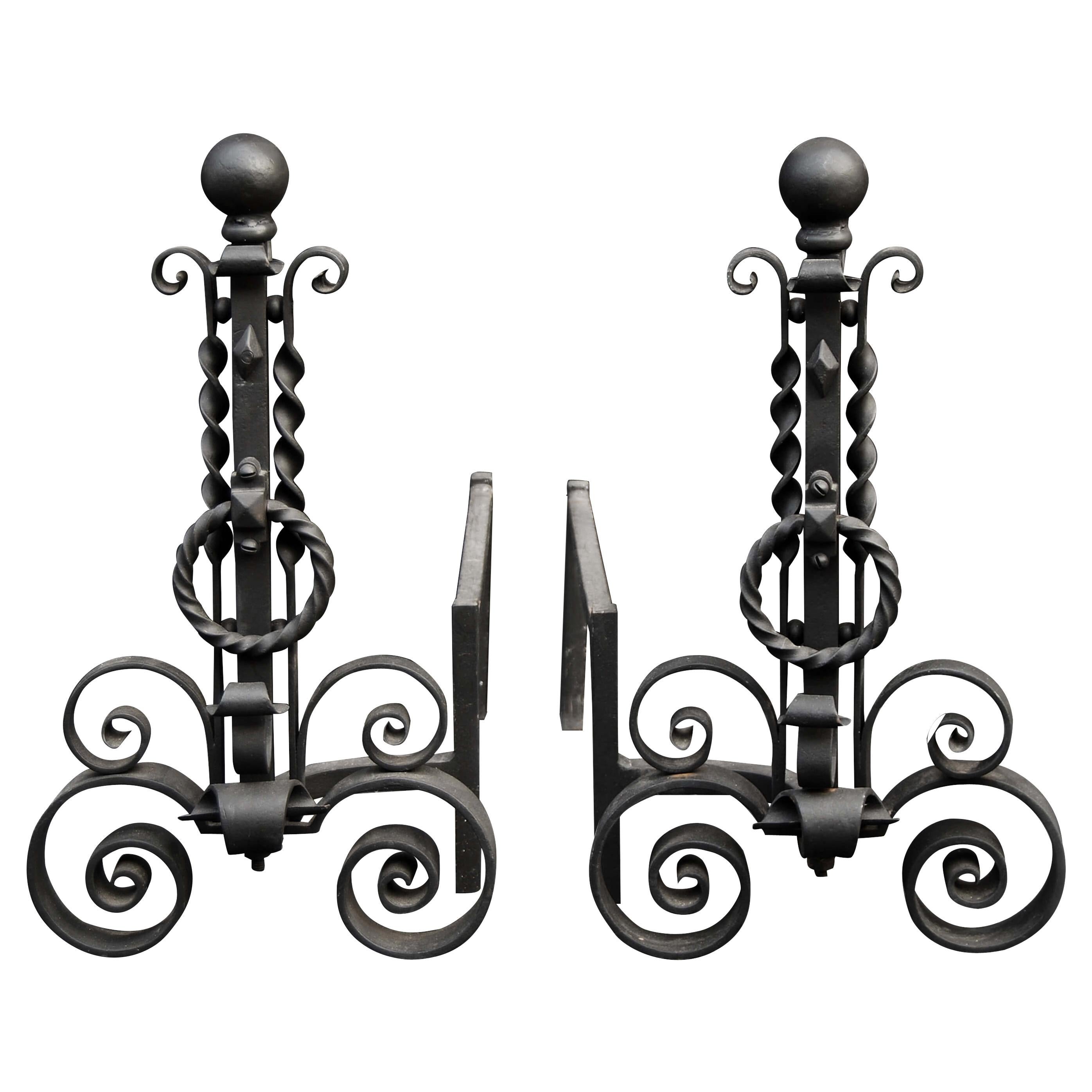 Pair of Scrolled Wrought Iron Andirons For Sale