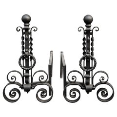 Pair of Scrolled Wrought Iron Andirons