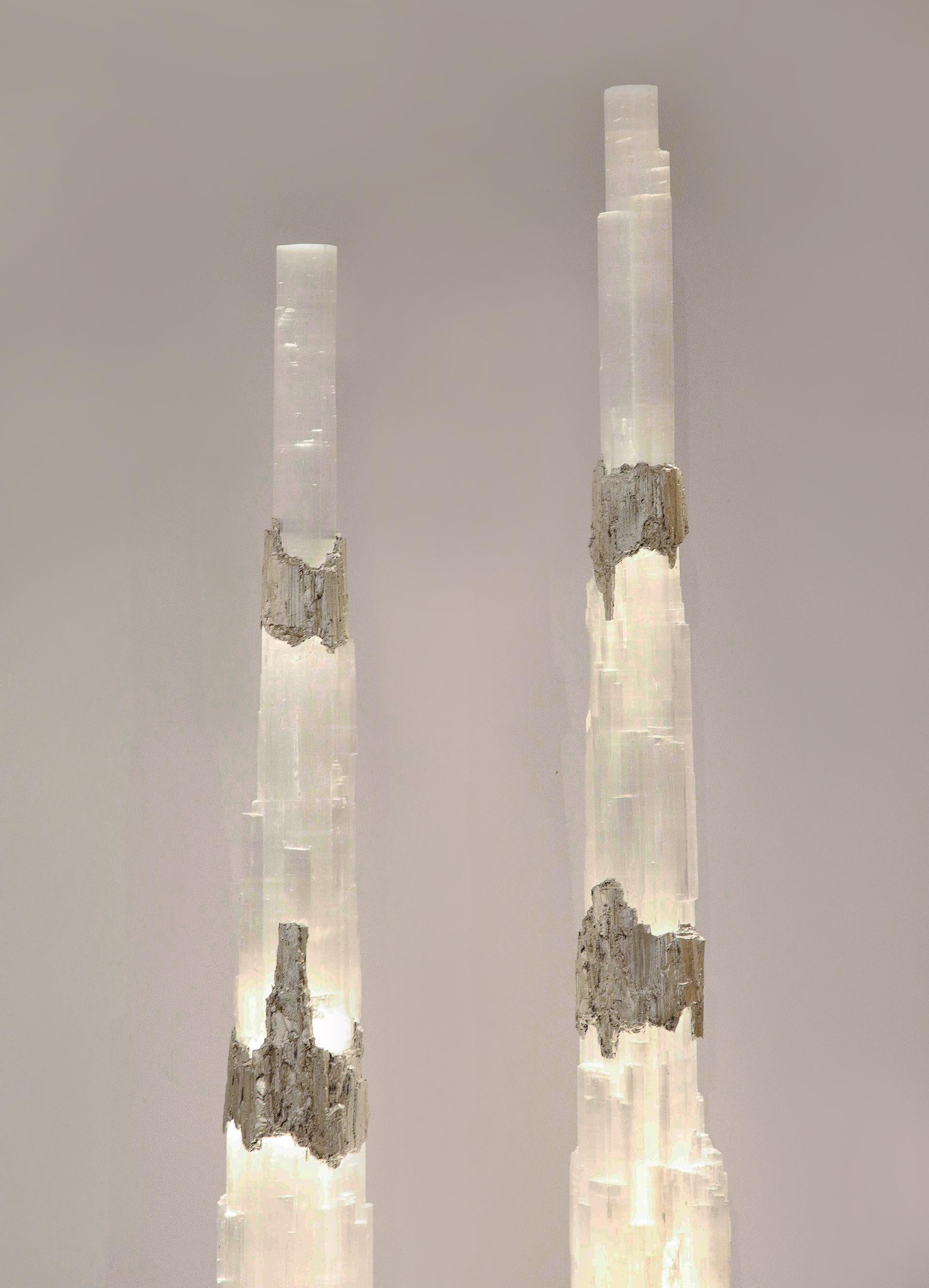 Modern A Pair of Sculpted Selenite Totems For Sale