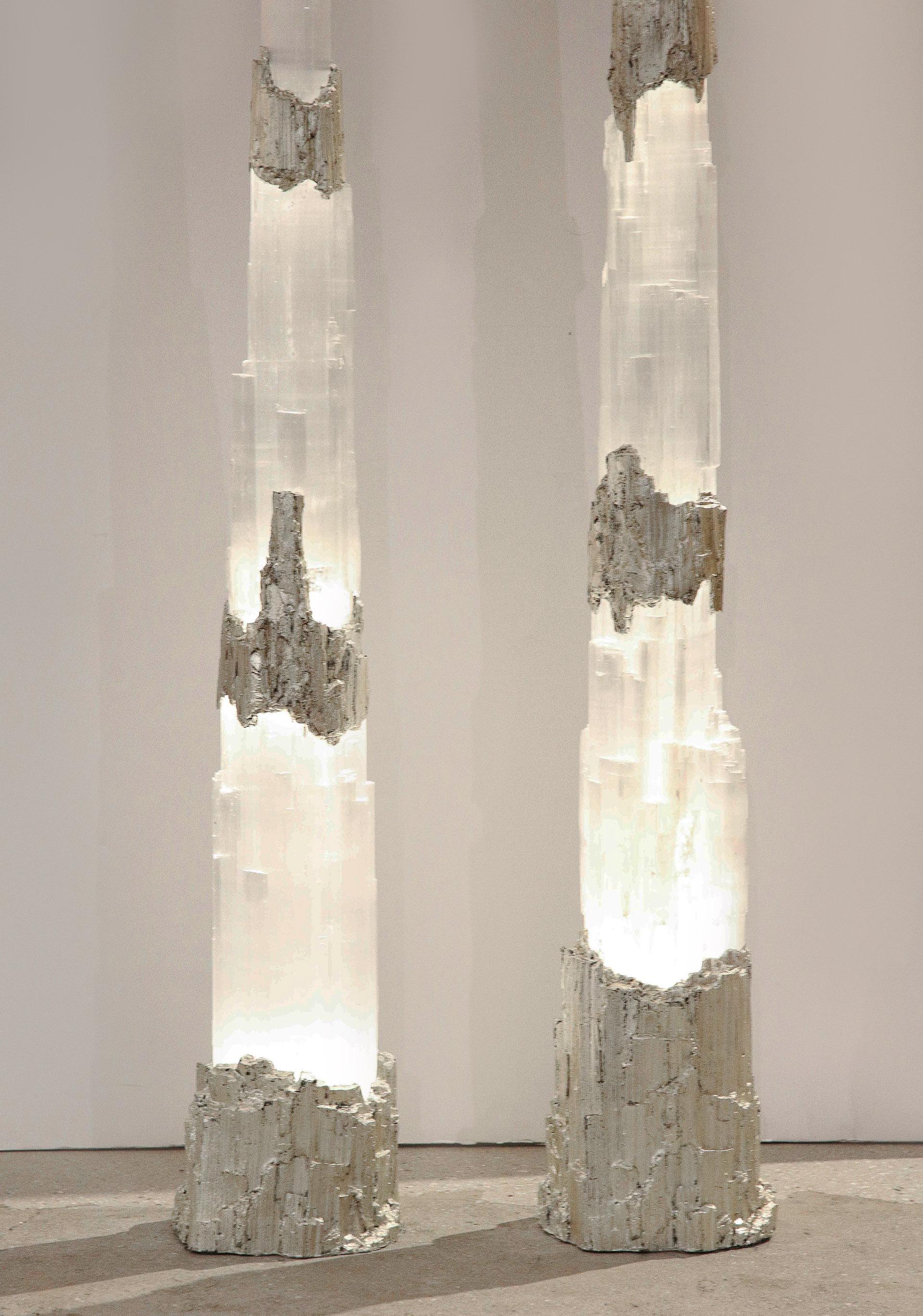 American A Pair of Sculpted Selenite Totems For Sale