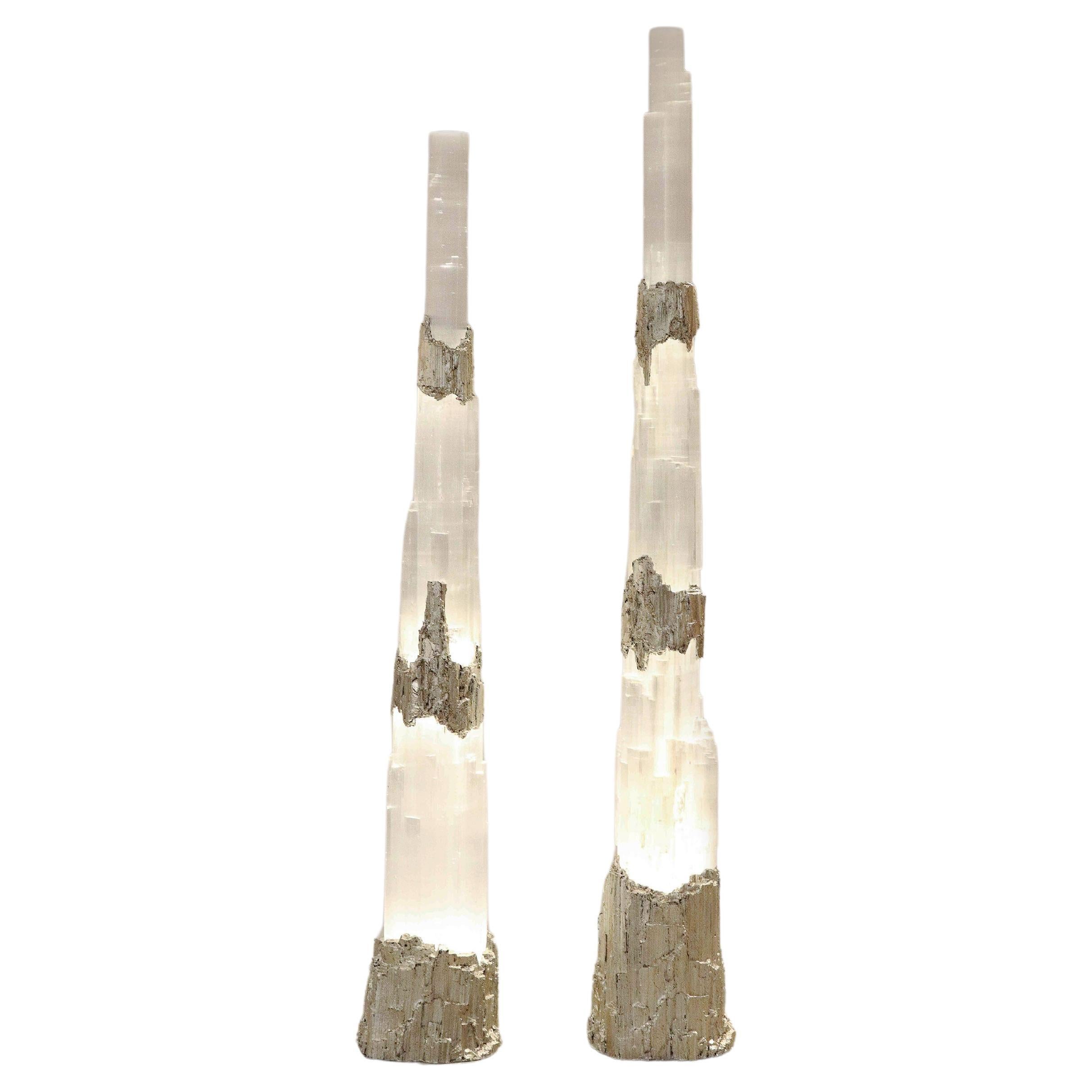 A Pair of Sculpted Selenite Totems For Sale