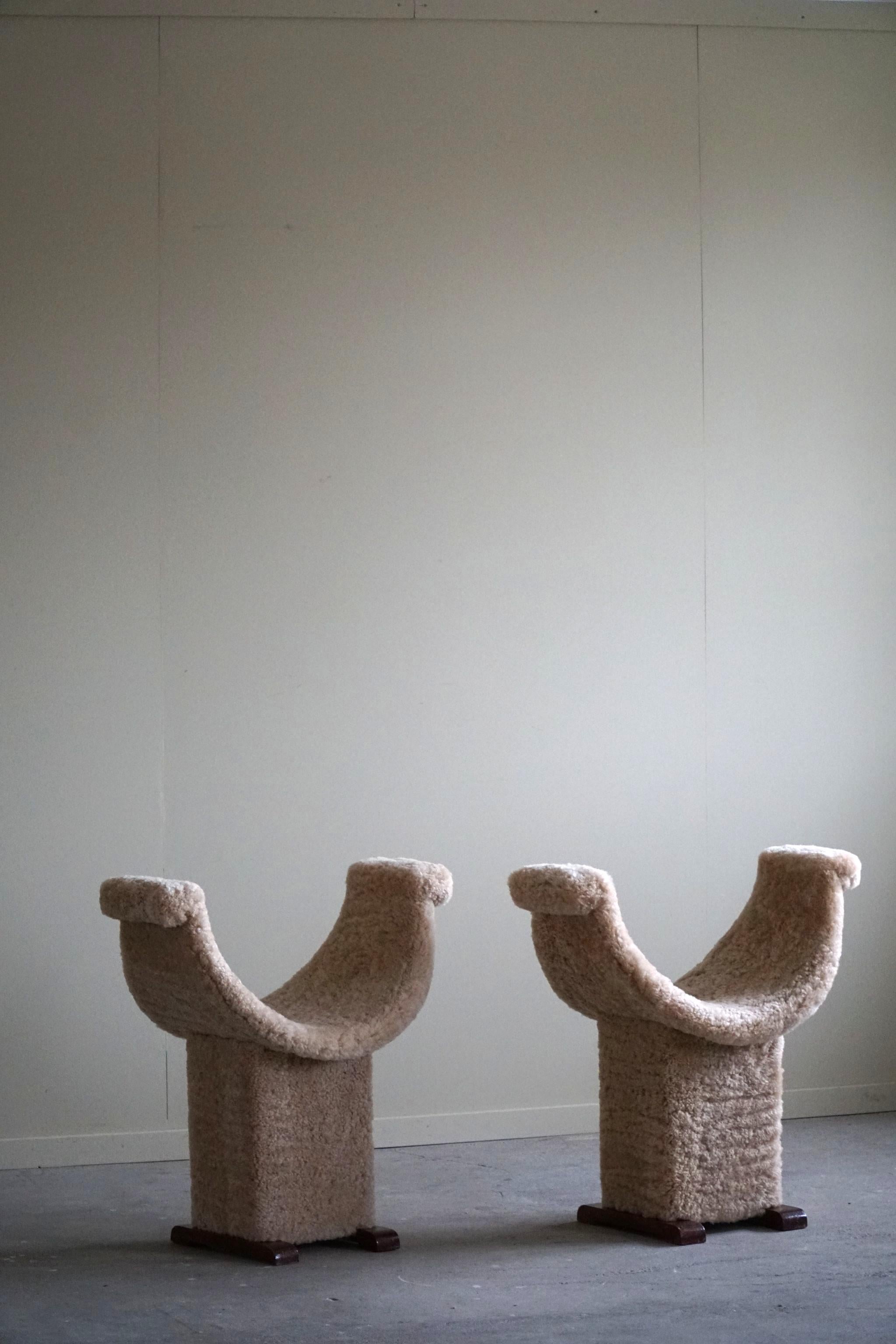 A Pair of Sculptural Stools, Reupholstered in Lambswool, Spanish Modern, 1940s 1