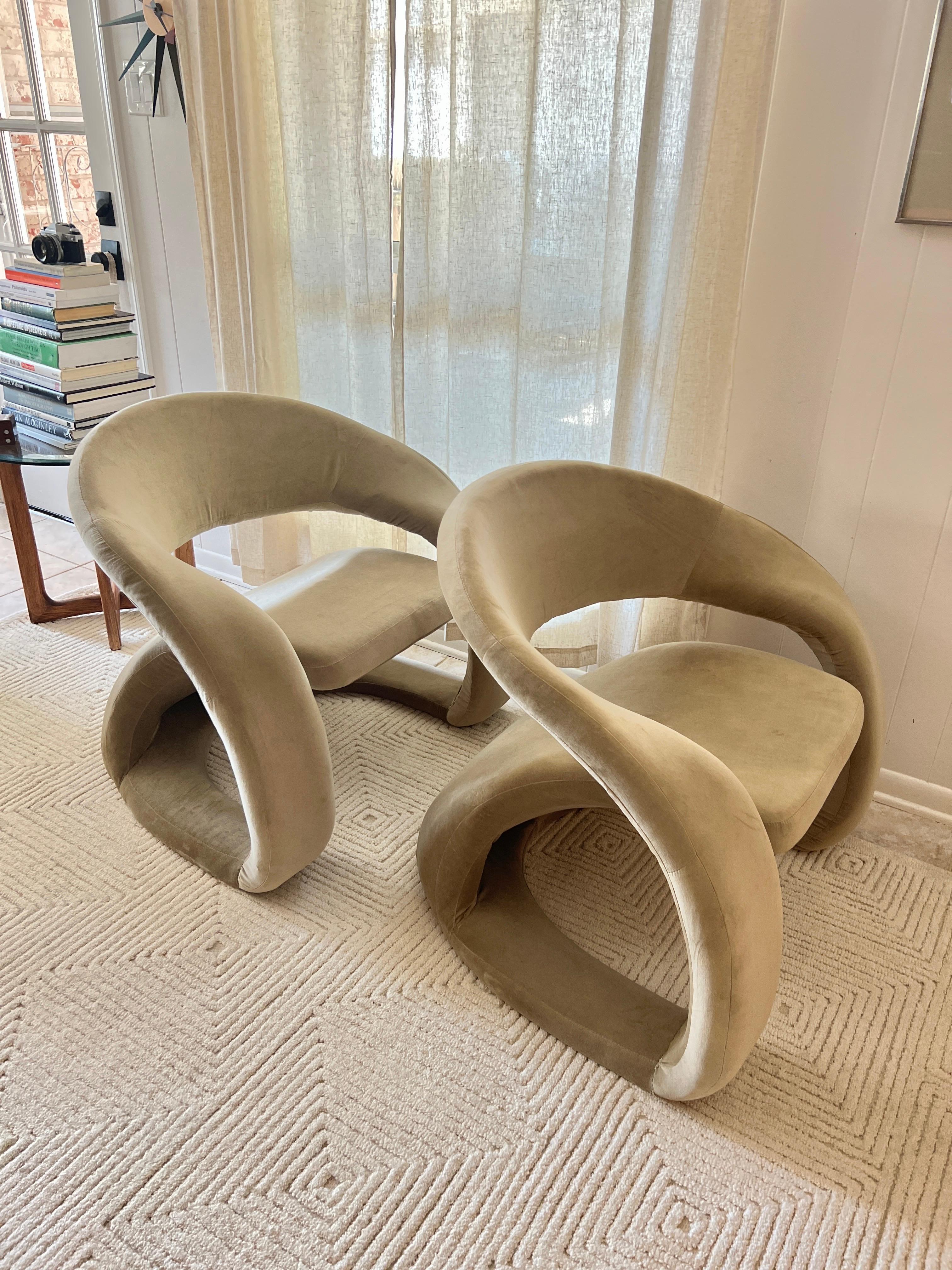A pair of sculptural tongue chairs by Jaymar, circa 1980s. In sage green velvet 3