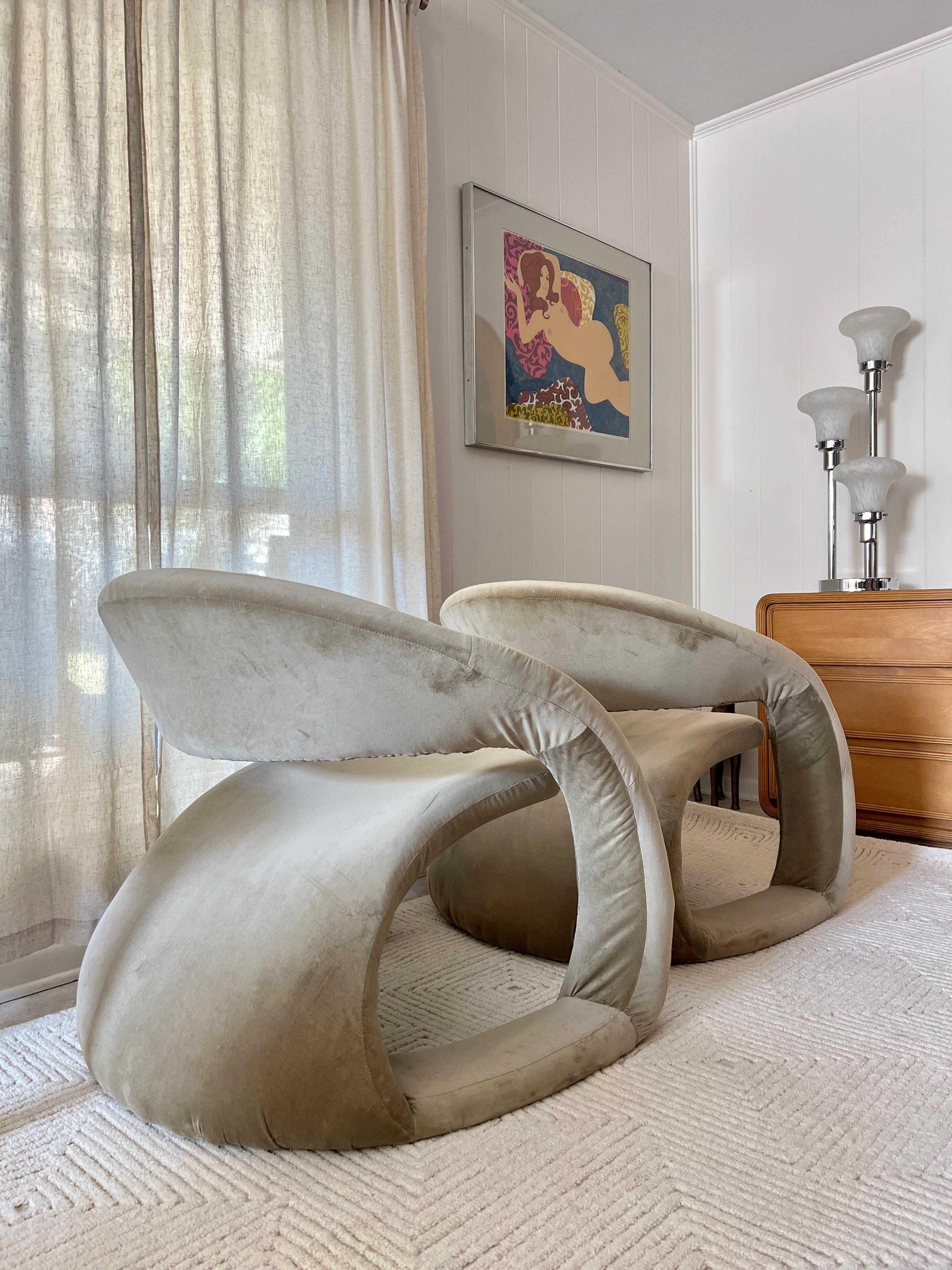 A pair of sculptural tongue chairs by Jaymar, circa 1980s. In sage green velvet 4