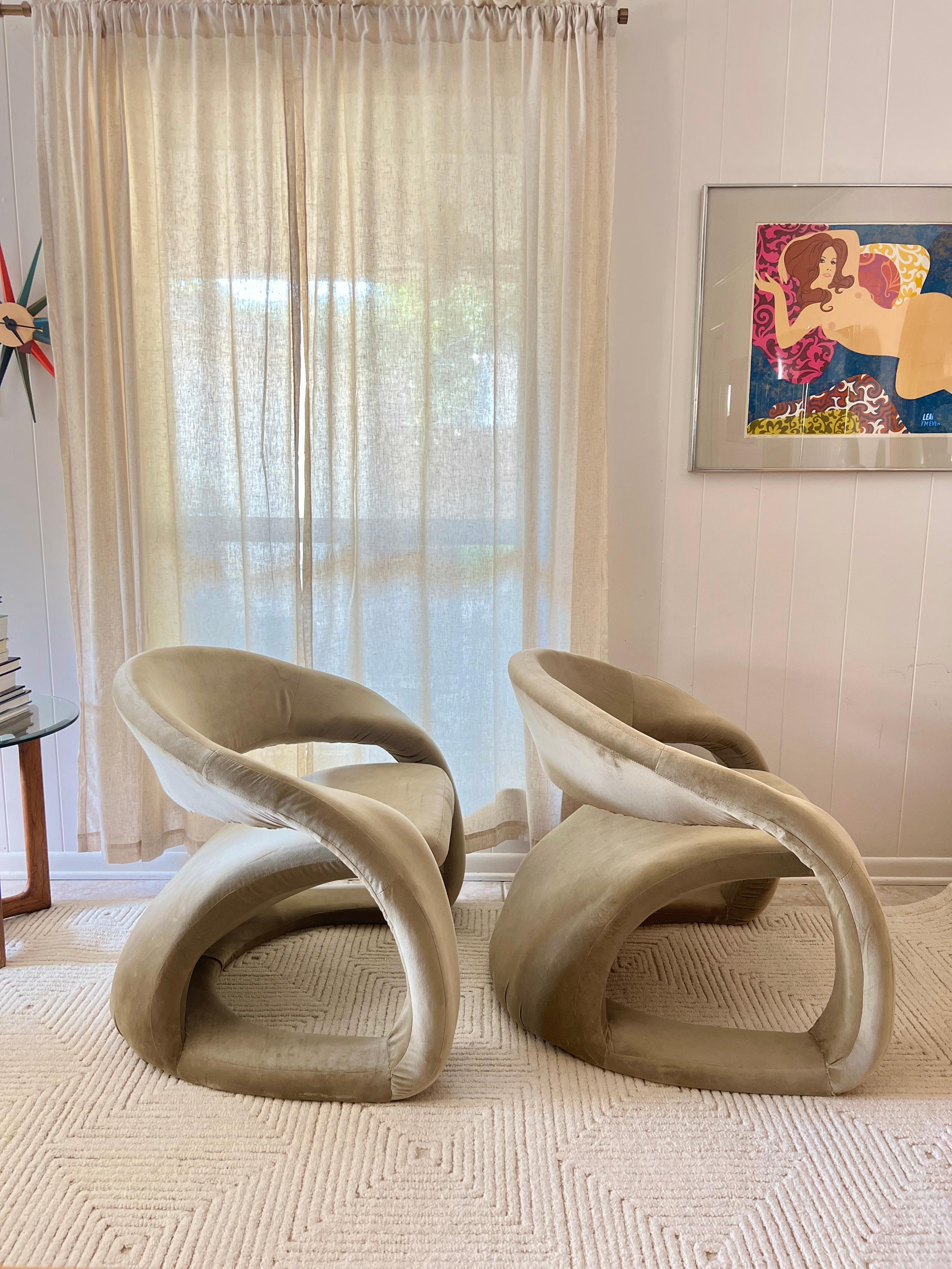 A pair of sculptural tongue chairs by Jaymar, circa 1980s. In sage green velvet 5