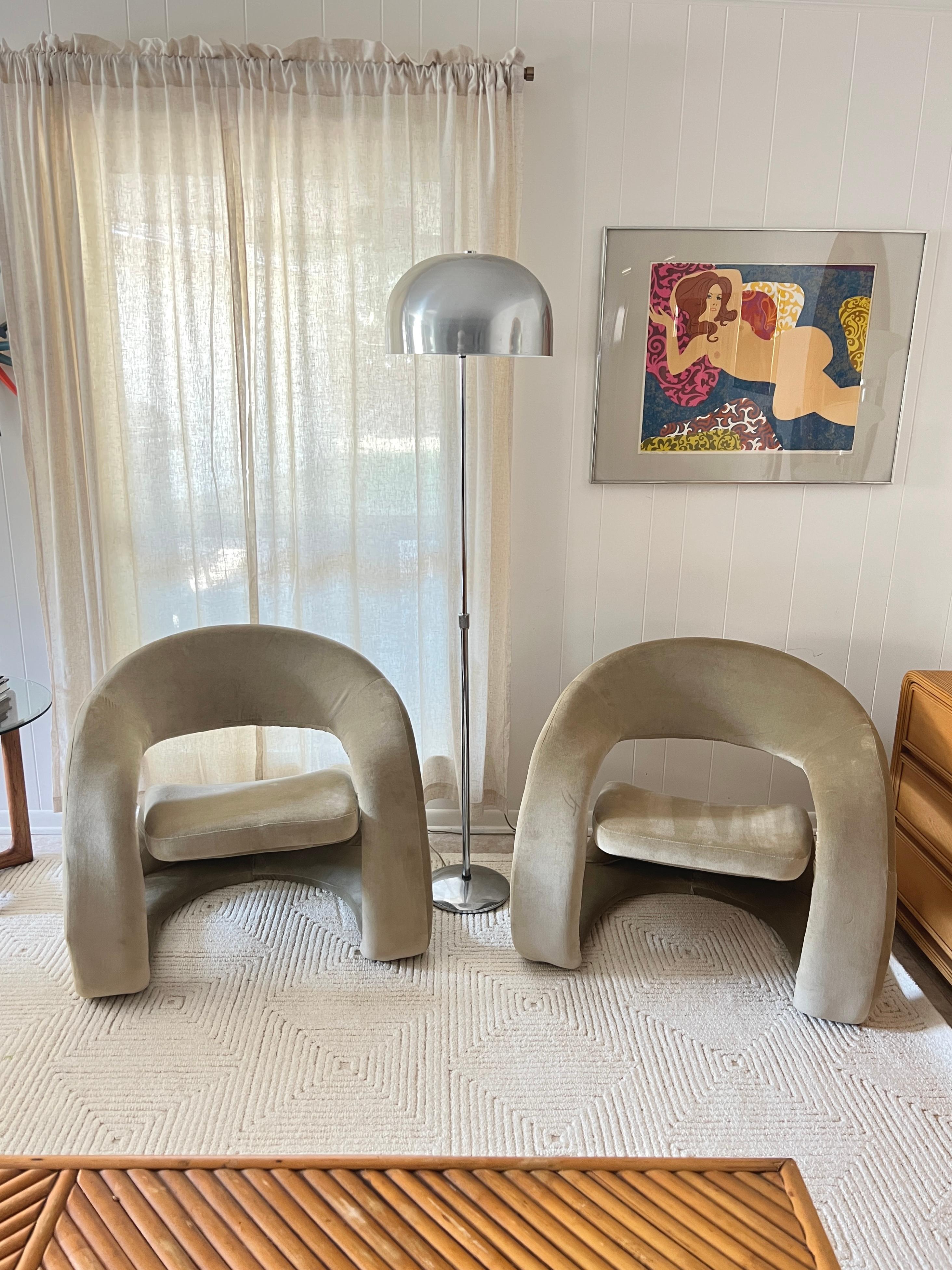 A pair of sculptural tongue chairs by Jaymar, circa 1980s. In sage green velvet 11