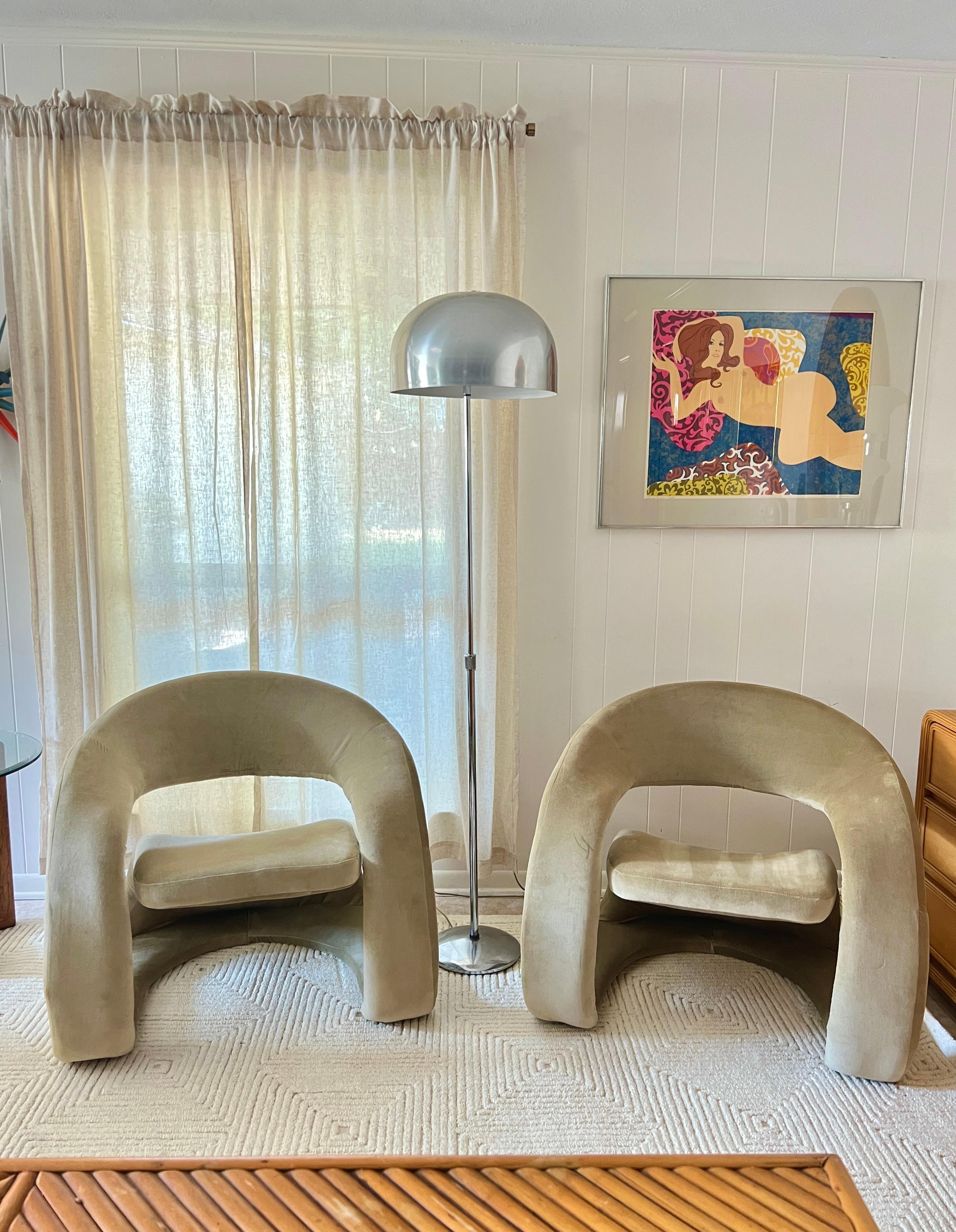A pair of sculptural tongue chairs by Jaymar, circa 1980s. In sage green velvet 12