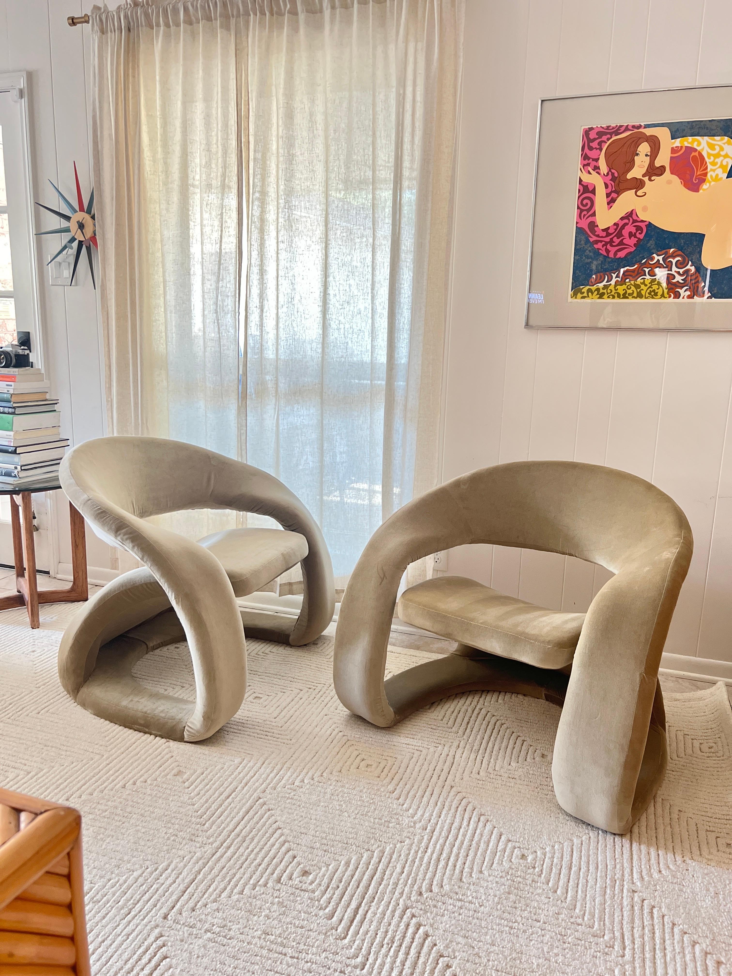 Velvet A pair of sculptural tongue chairs by Jaymar, circa 1980s. In sage green velvet