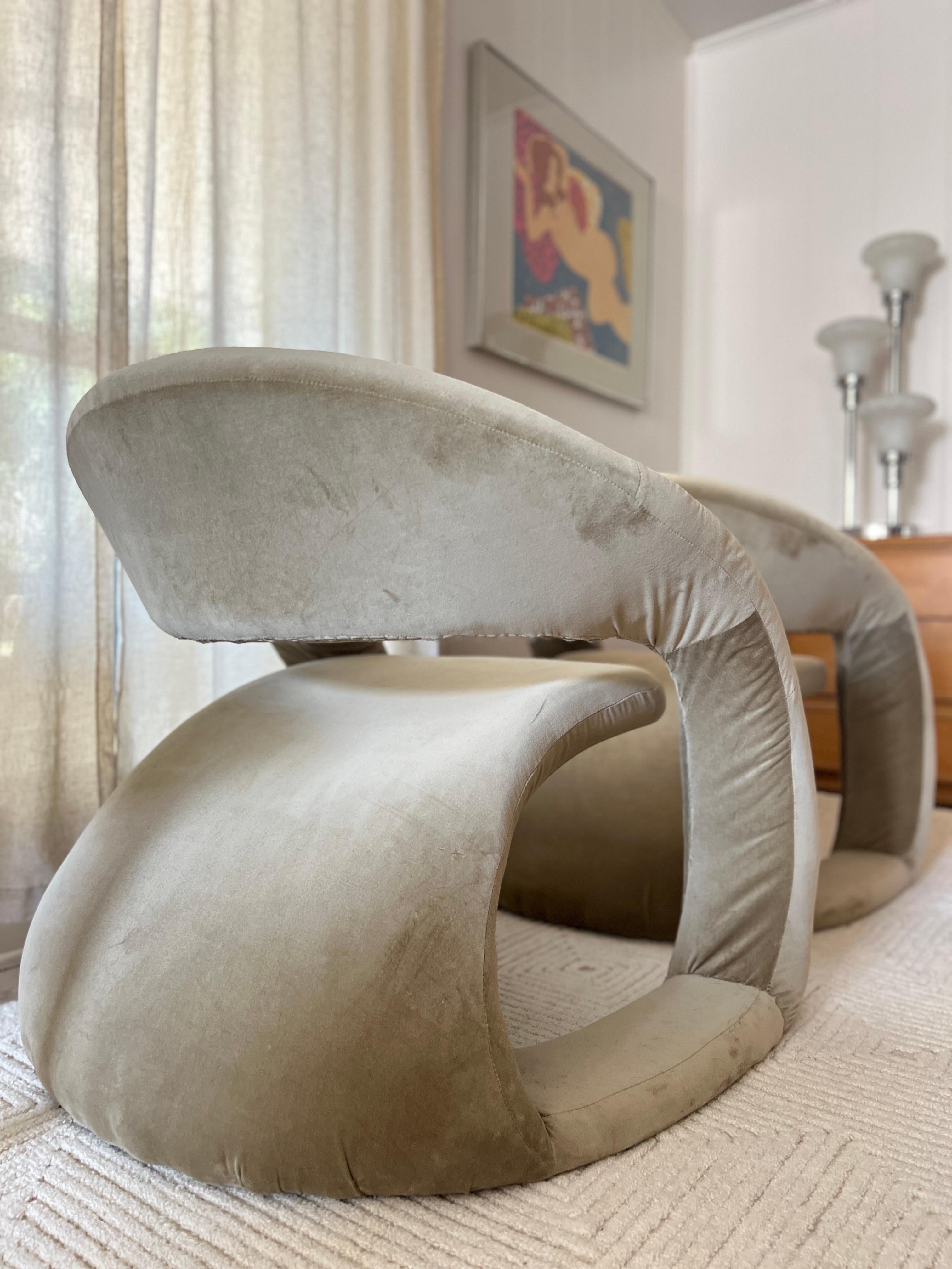 A pair of sculptural tongue chairs by Jaymar, circa 1980s. In sage green velvet 1