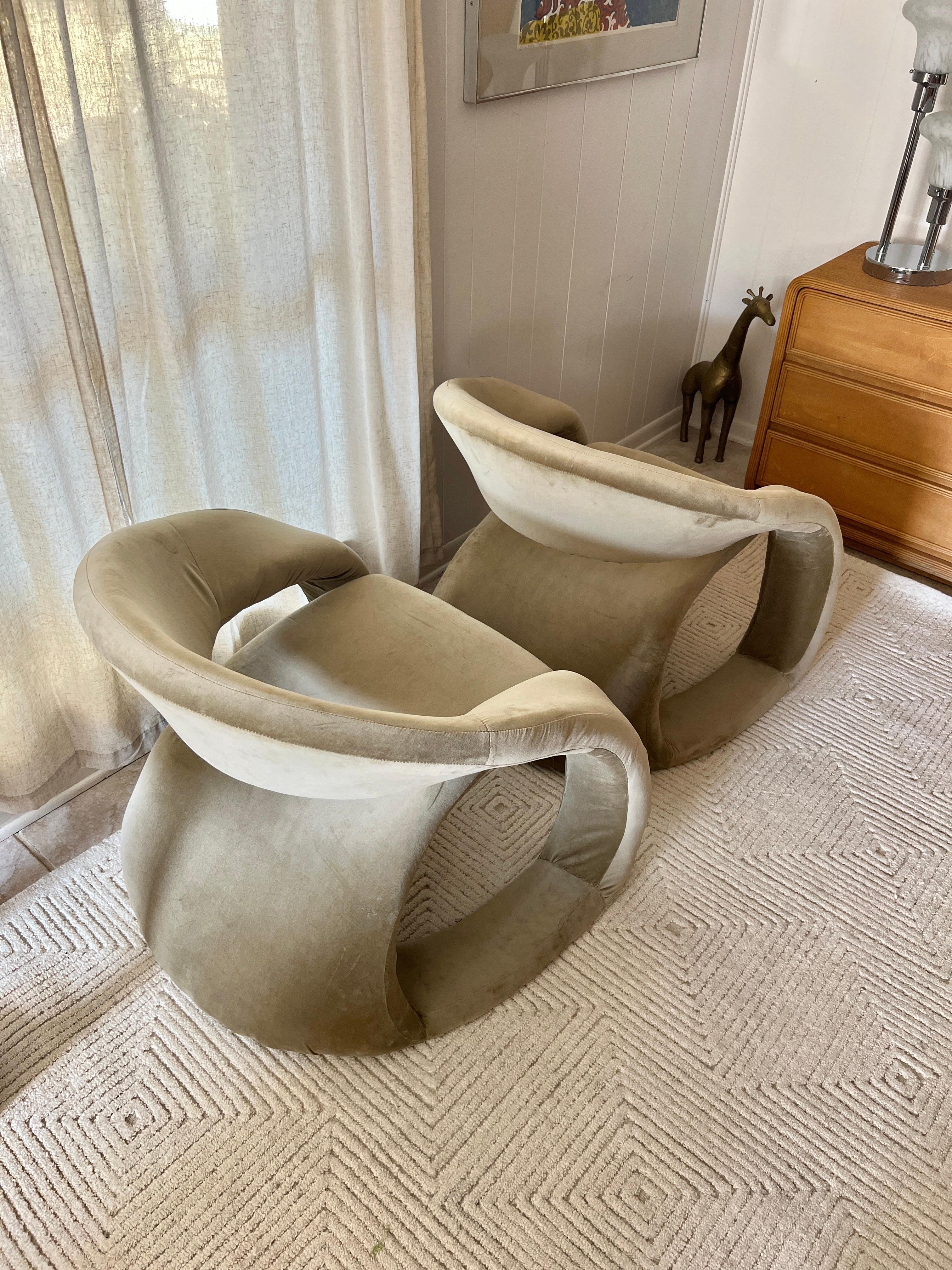 A pair of sculptural tongue chairs by Jaymar, circa 1980s. In sage green velvet 2