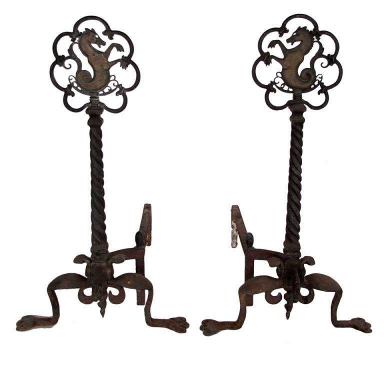 A Pair Of Sea Horse Andirons by Oscar Bach For Sale