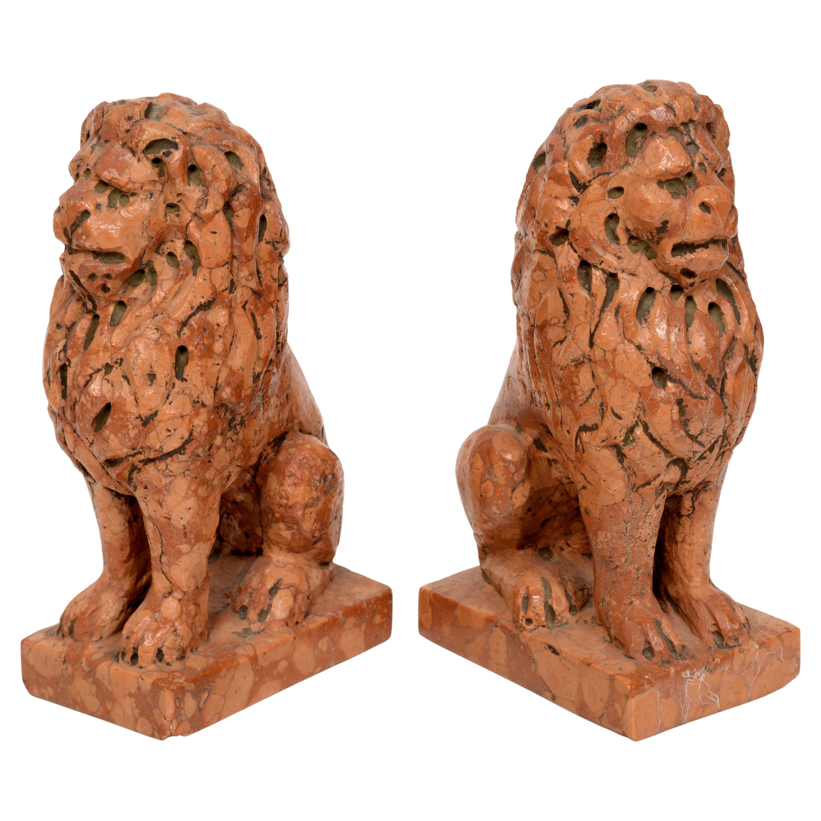 A Pair of Seated Italian Rosso Verona Marble Lions, Late 19th Early 20th C