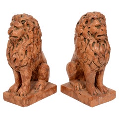 A Pair of Seated Italian Rosso Verona Marble Lions, Late 19th Early 20th C