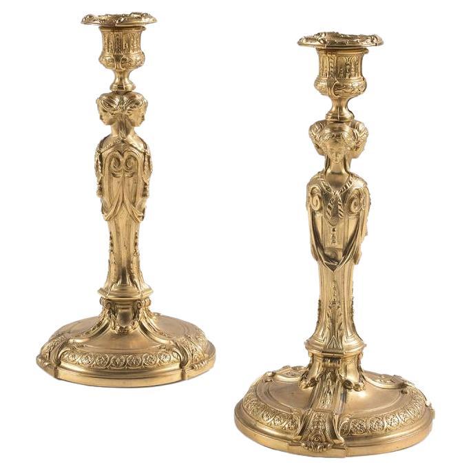 A Pair of Second Half 19th Century French Ormolu Louis XVI Style Candlesticks 