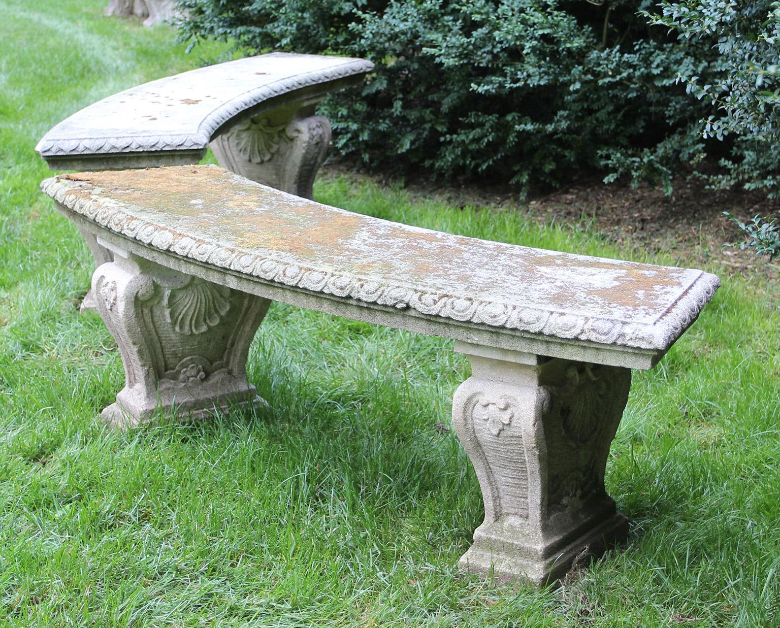 Neoclassical Pair of Semi-Circular Carved Stone Benches