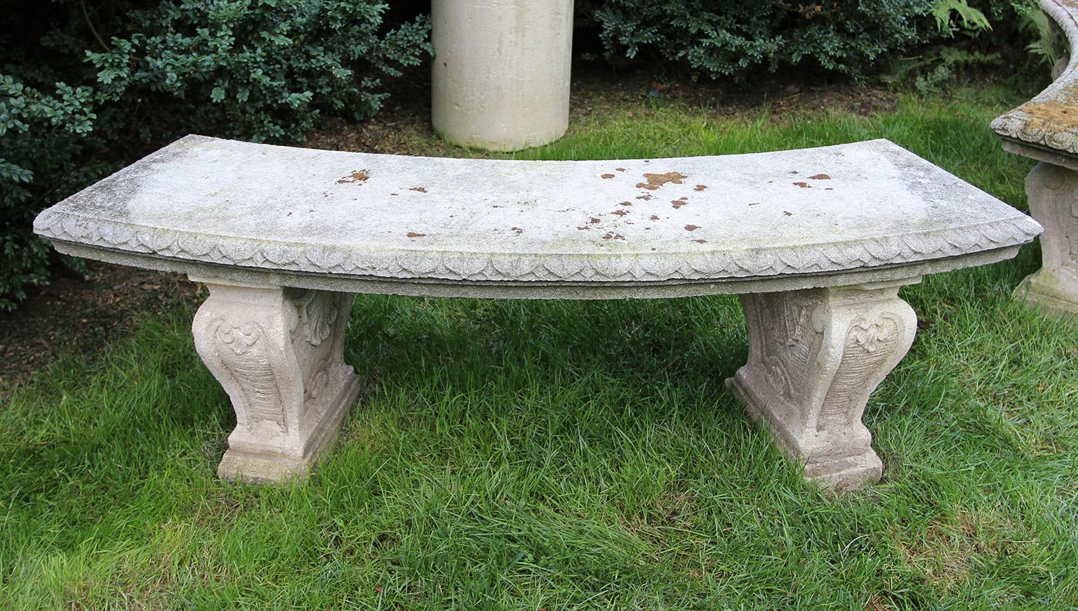 Pair of Semi-Circular Carved Stone Benches In Good Condition In Katonah, NY