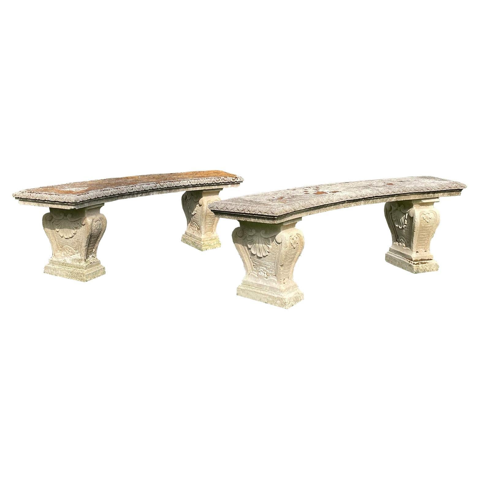 Pair of Semi-Circular Carved Stone Benches
