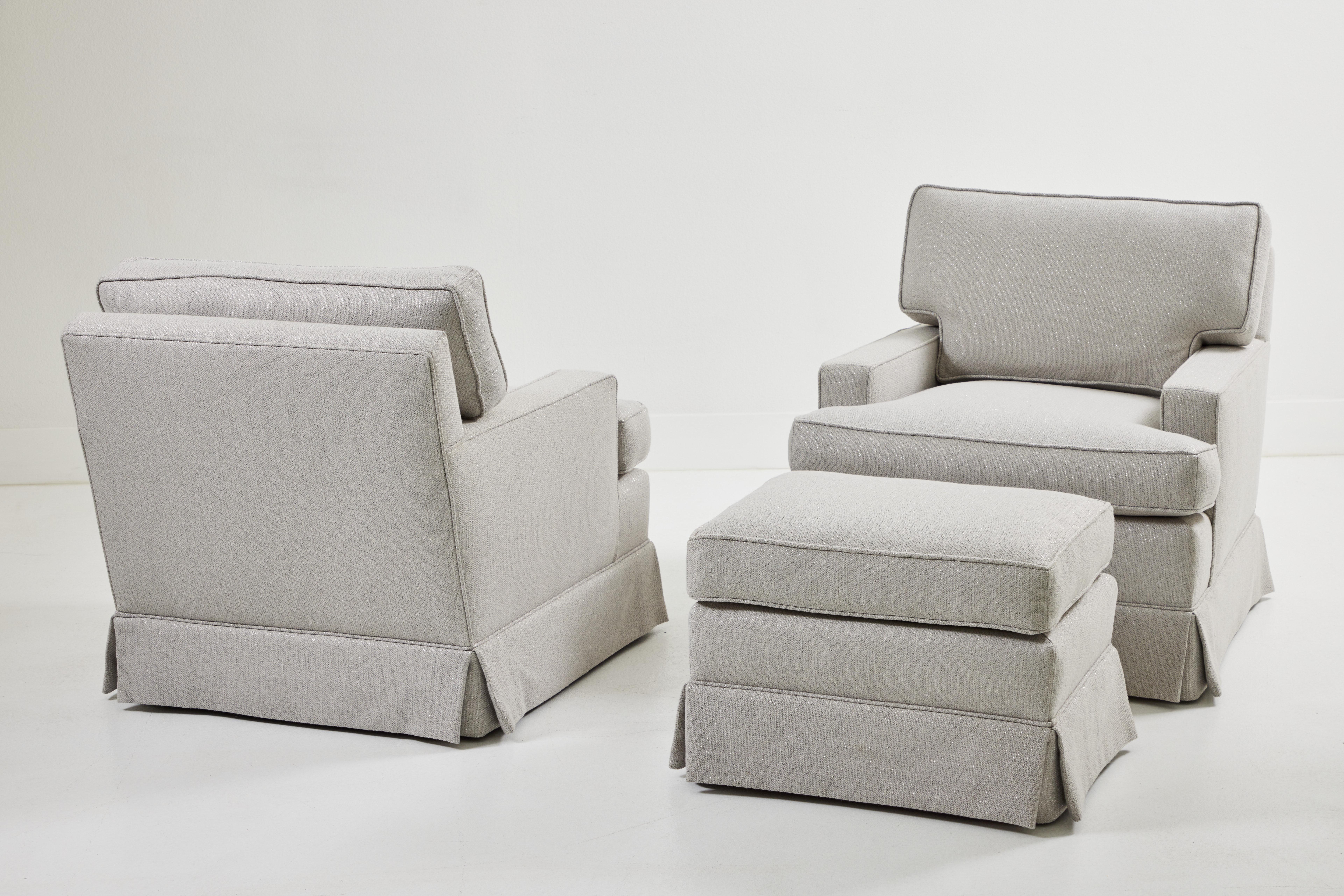 This Pair of Seniah Chairs with an ottoman came from the Estate of Henry Bloch, founder of H & R Block. Both Haines and Ted Graber took the reins of Haines Inc after Billy’s passing in 1973. They have been newly upholstered with a pale gray Carragio