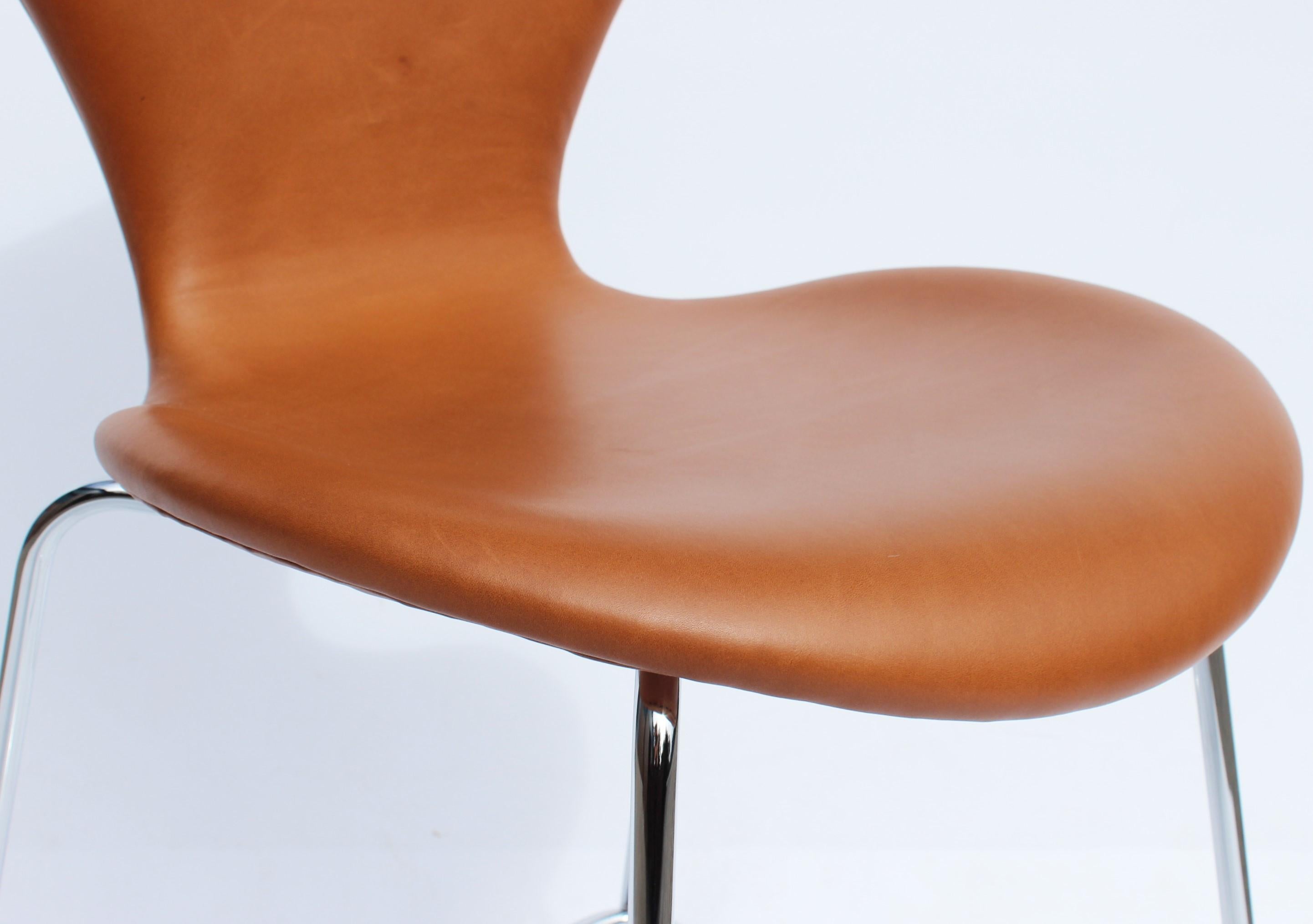 Danish Pair of Seven Bar Stools, Model 3187, with Cognac Leather by Arne Jacobsen