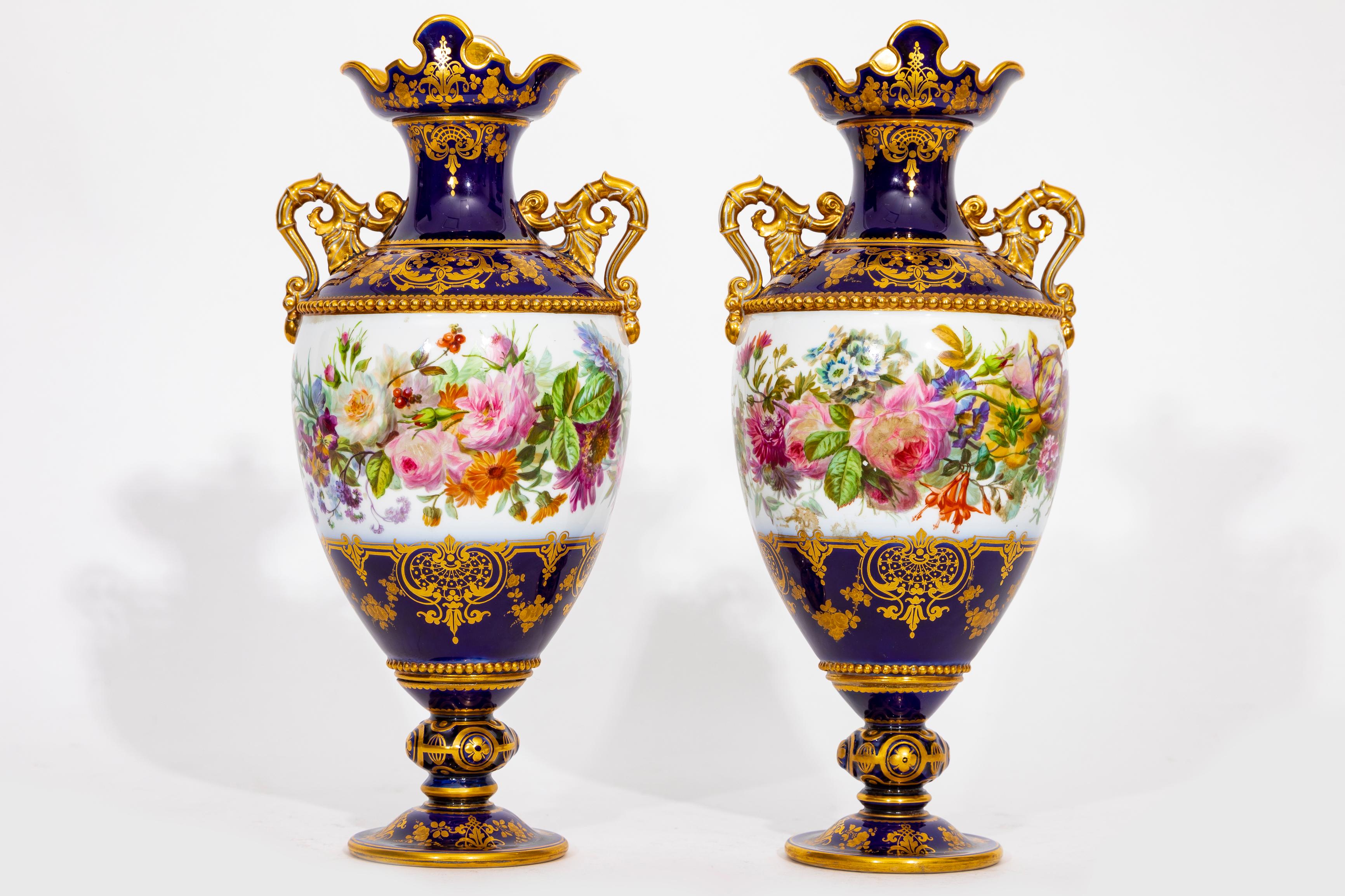 French A Pair Of Sevres Porcelain Cobalt-Blue Ground Vases Adélaïde, 2eme Grandeur For Sale