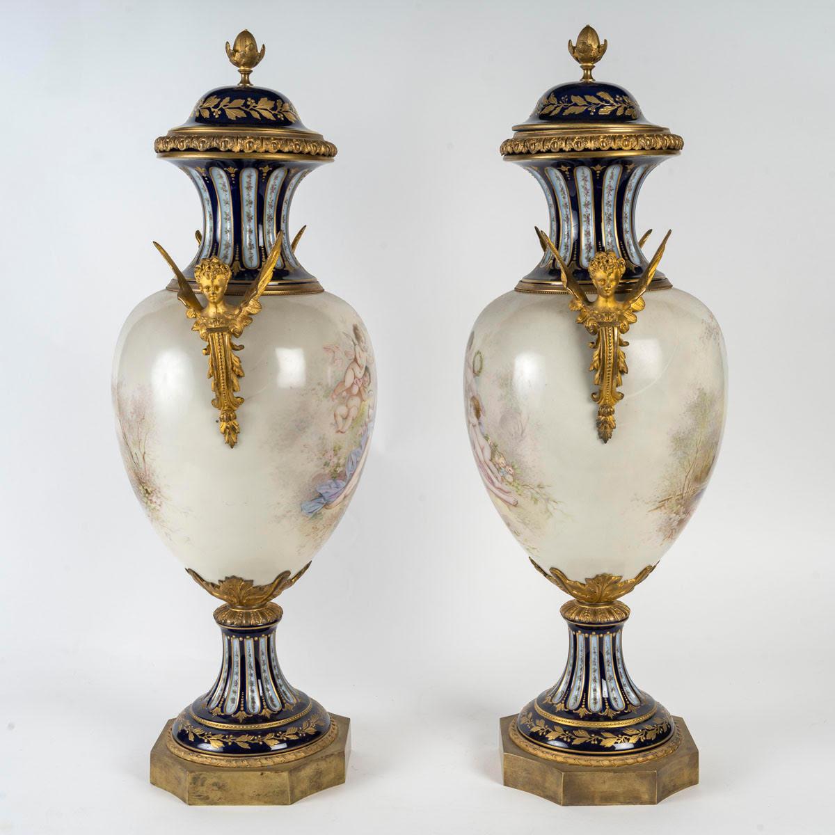 Bronze A Pair of Sèvres Porcelain Covered Vases, 19th Century, Napoleon III Period.