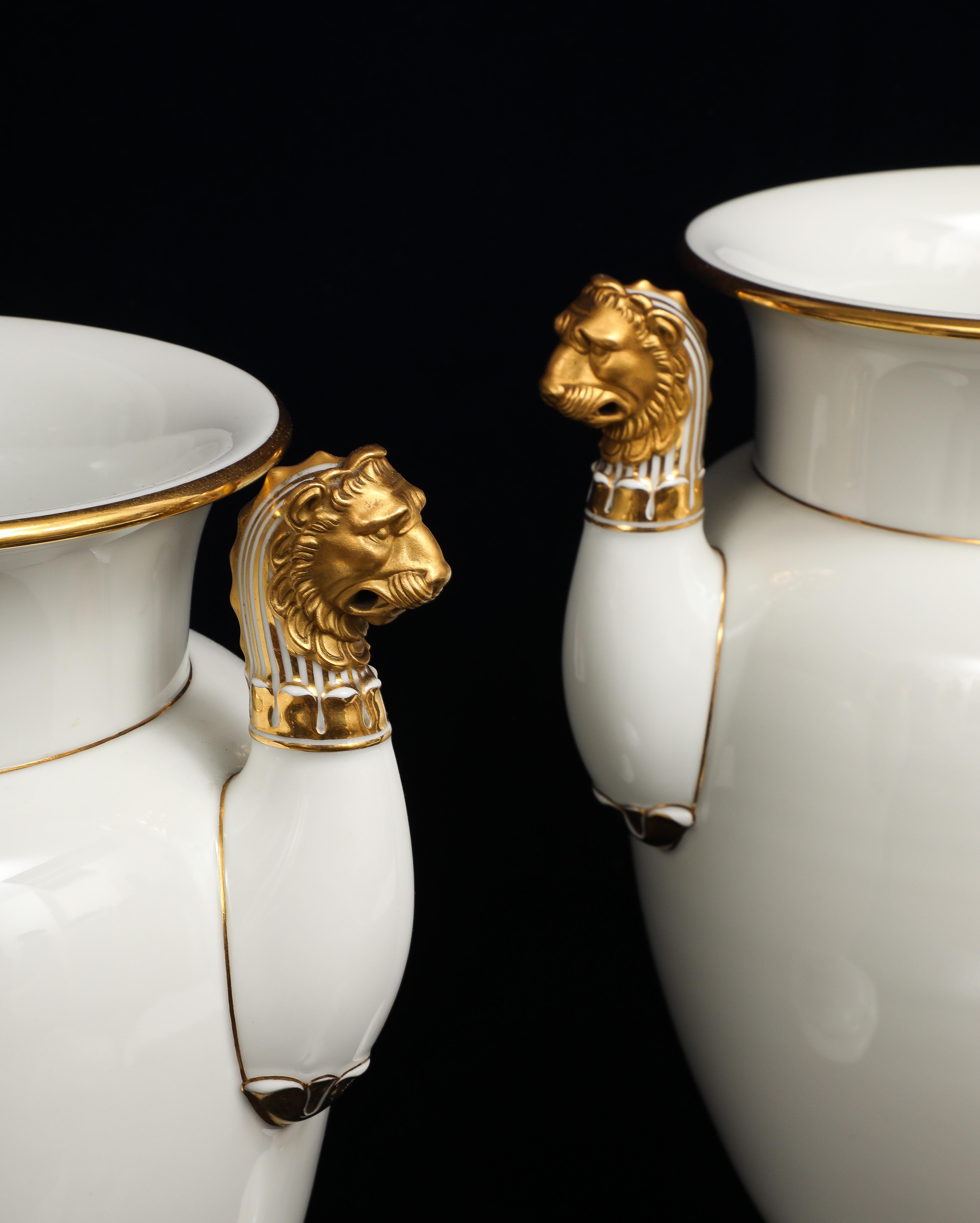 A Pair of Sevres Porcelain White Ground & 24K Gold vases w Lion Head Handles in vendita 3