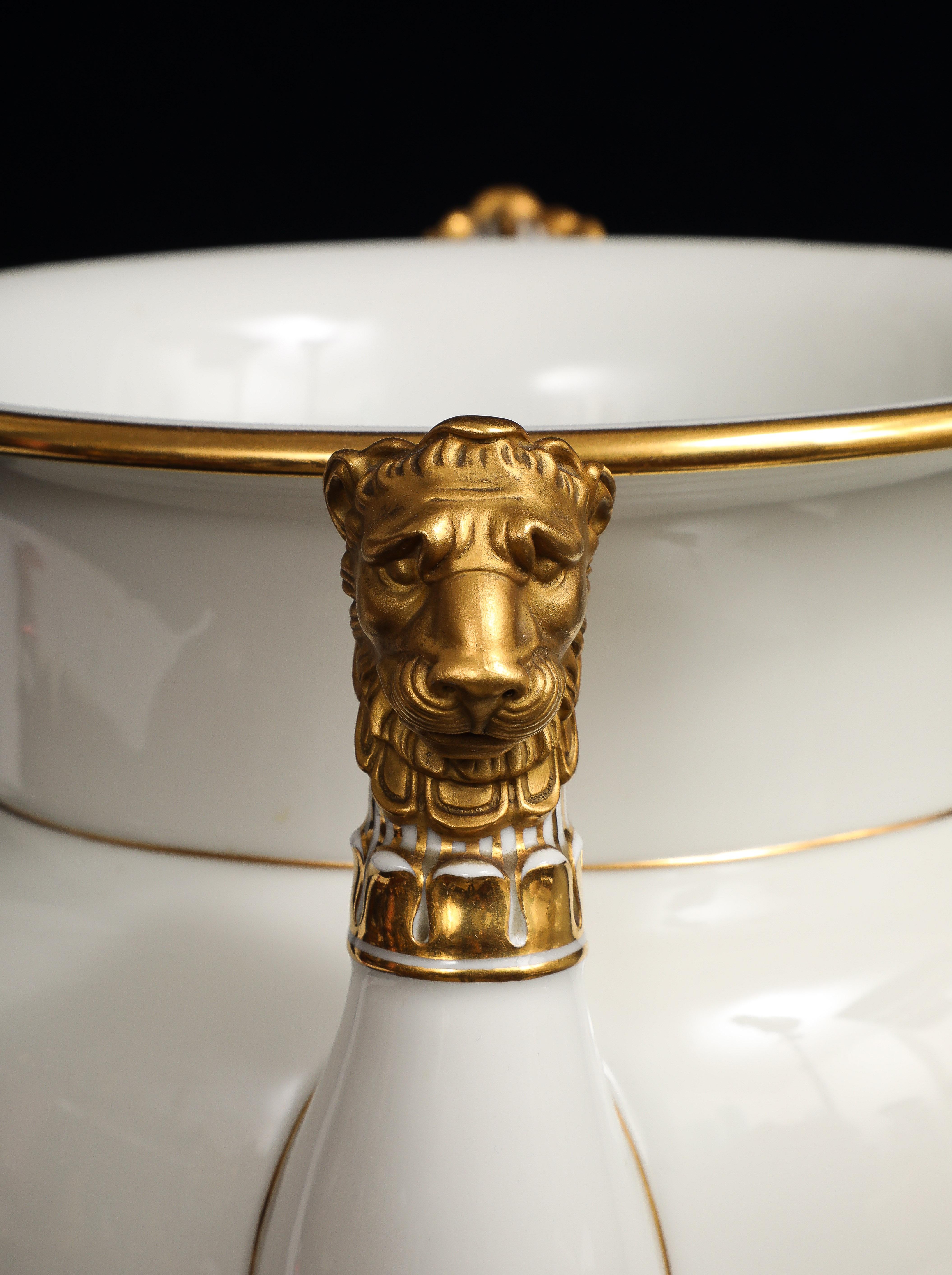 A Pair of Sevres Porcelain White Ground & 24K Gold vases w Lion Head Handles in vendita 4